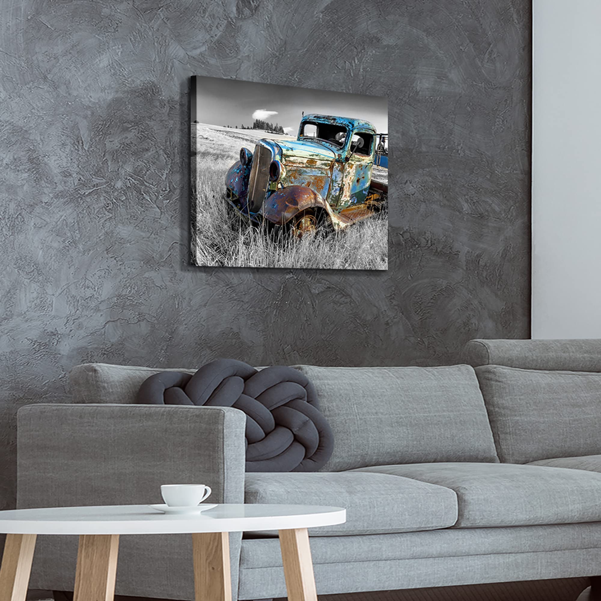 Sunflax Old Truck Canvas Wall Art: Rusty Blue Car Artwork Rustic Automobile Painting Vintage Antique Country Picture Black And W