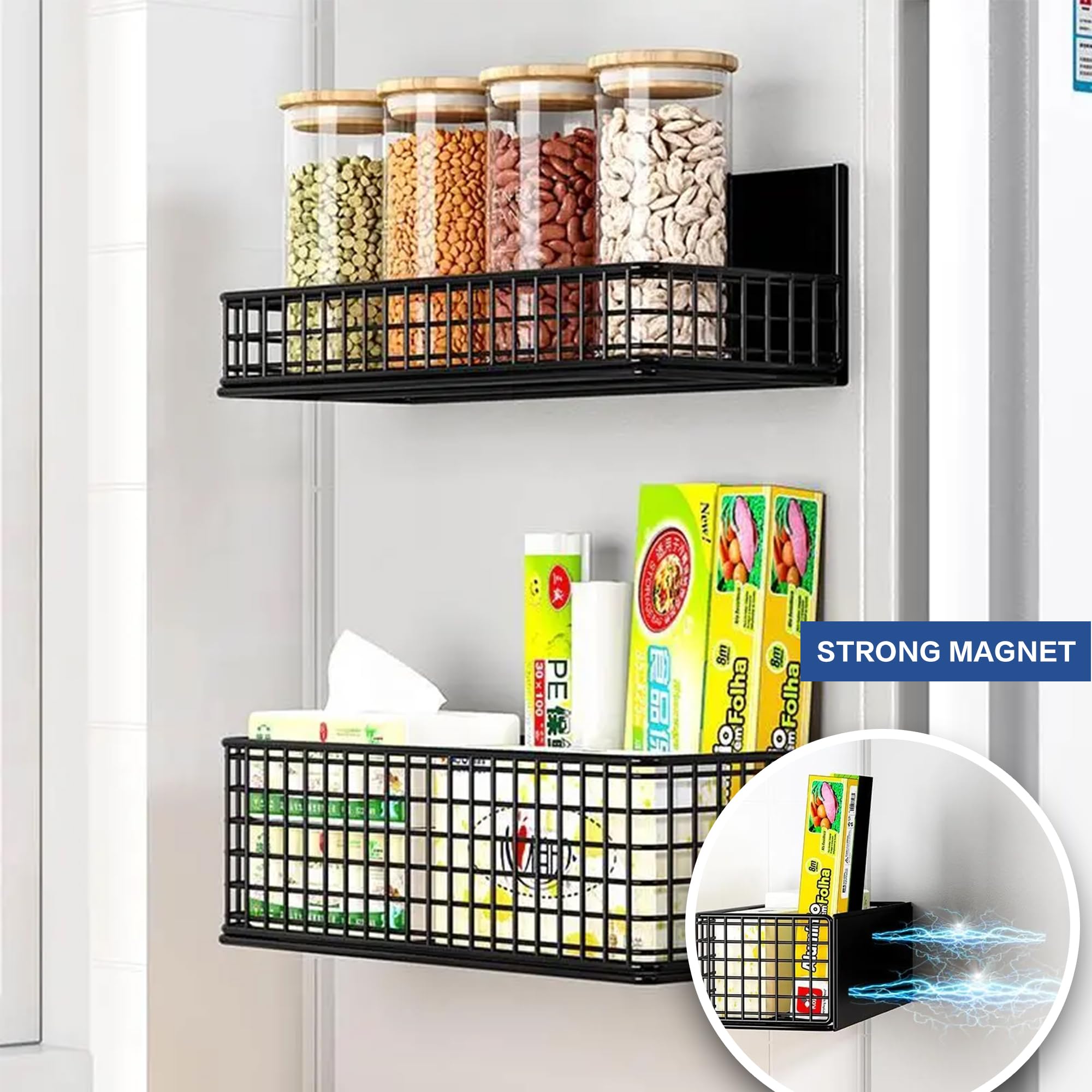 Lifefan Magnetic Basket Fridge Large Magnetic Pen Holder Whiteboard Metal Wire Basket Storage Item Organizer (Black-High)