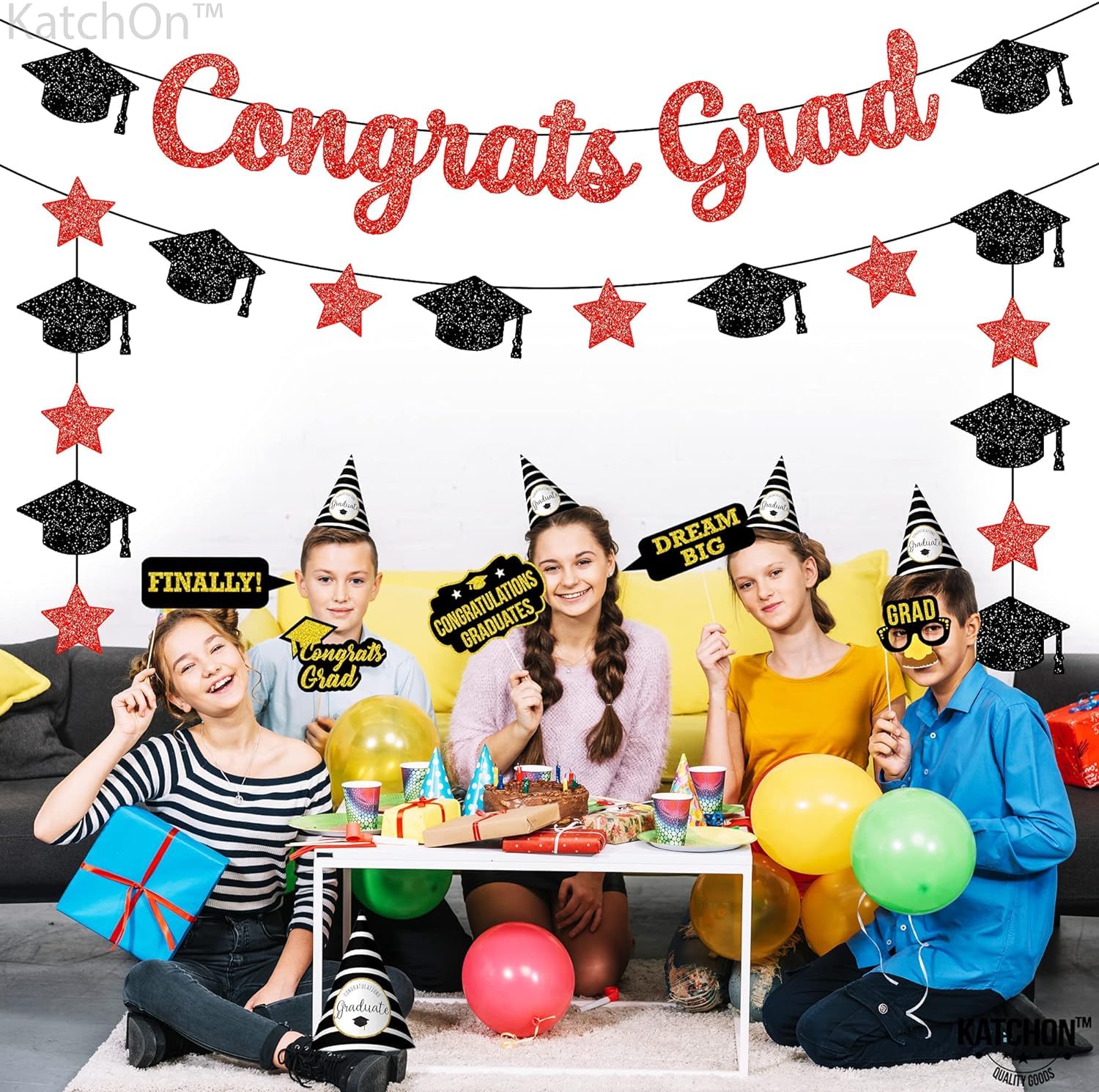 Katchon, Glitter Congrats Grad Banner Red And Black - 10 Feet | Black And Red Graduation Banner, Grad Cap Garland For Graduation