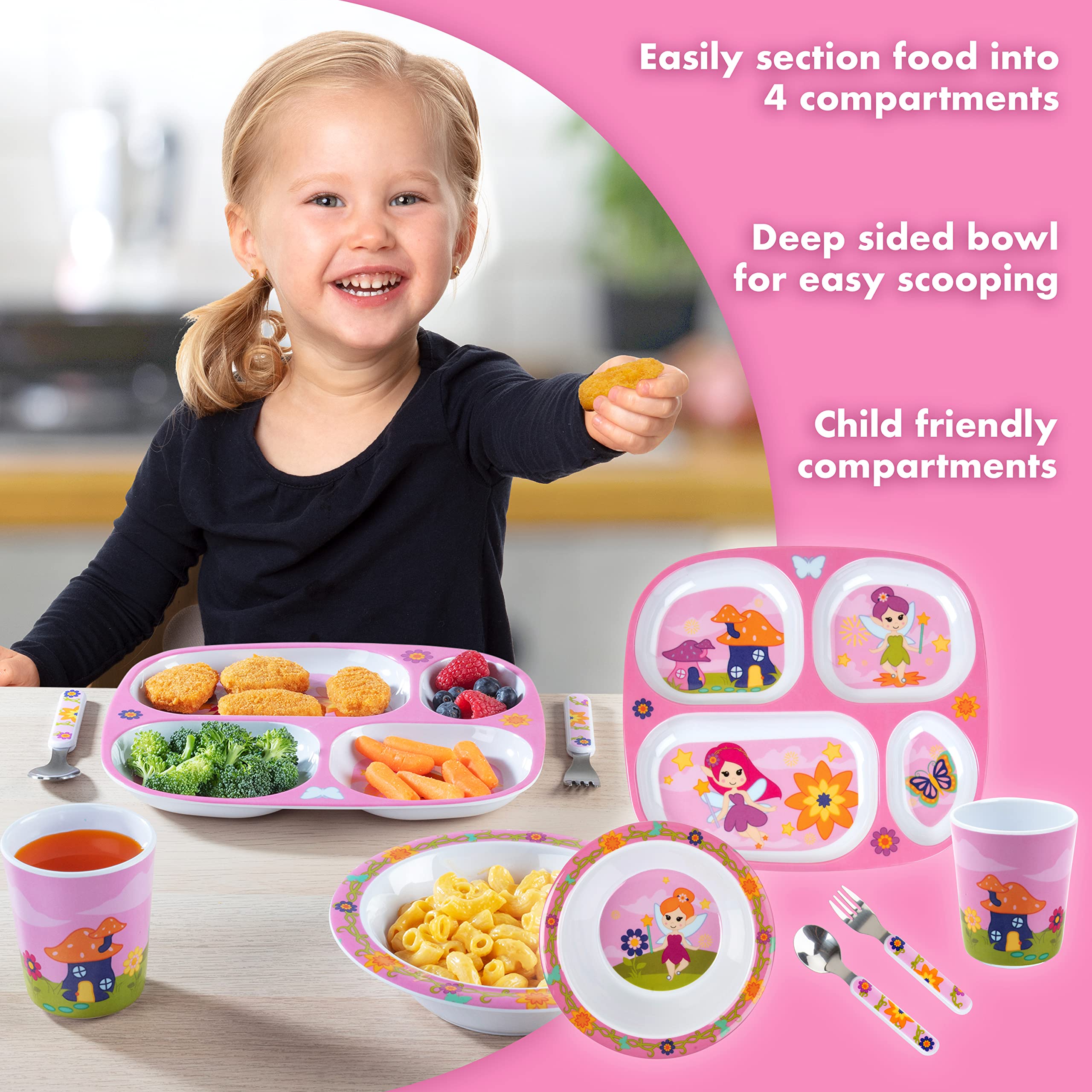 Bentology 5-Piece Construction Theme Mealtime Set - Includes Plate, Bowl, Utensils, and Glass - Dishwasher Safe, BPA Free, Cute