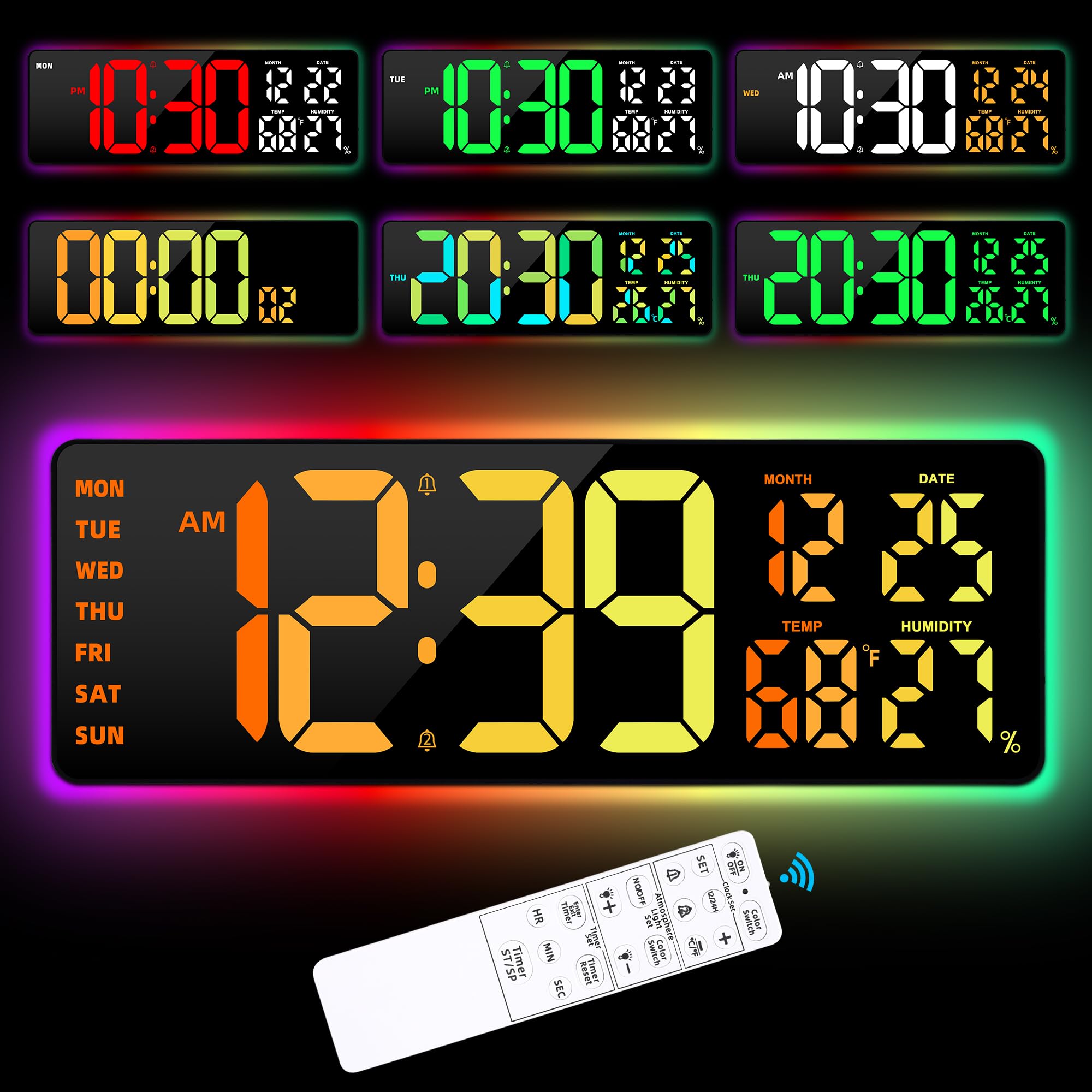Large Digital Wall Clock 17.3, 15 Color Modes Led Large Number Digital Wall Clock, 8 Color Modes Night Lights, Auto-Dimming/DST,