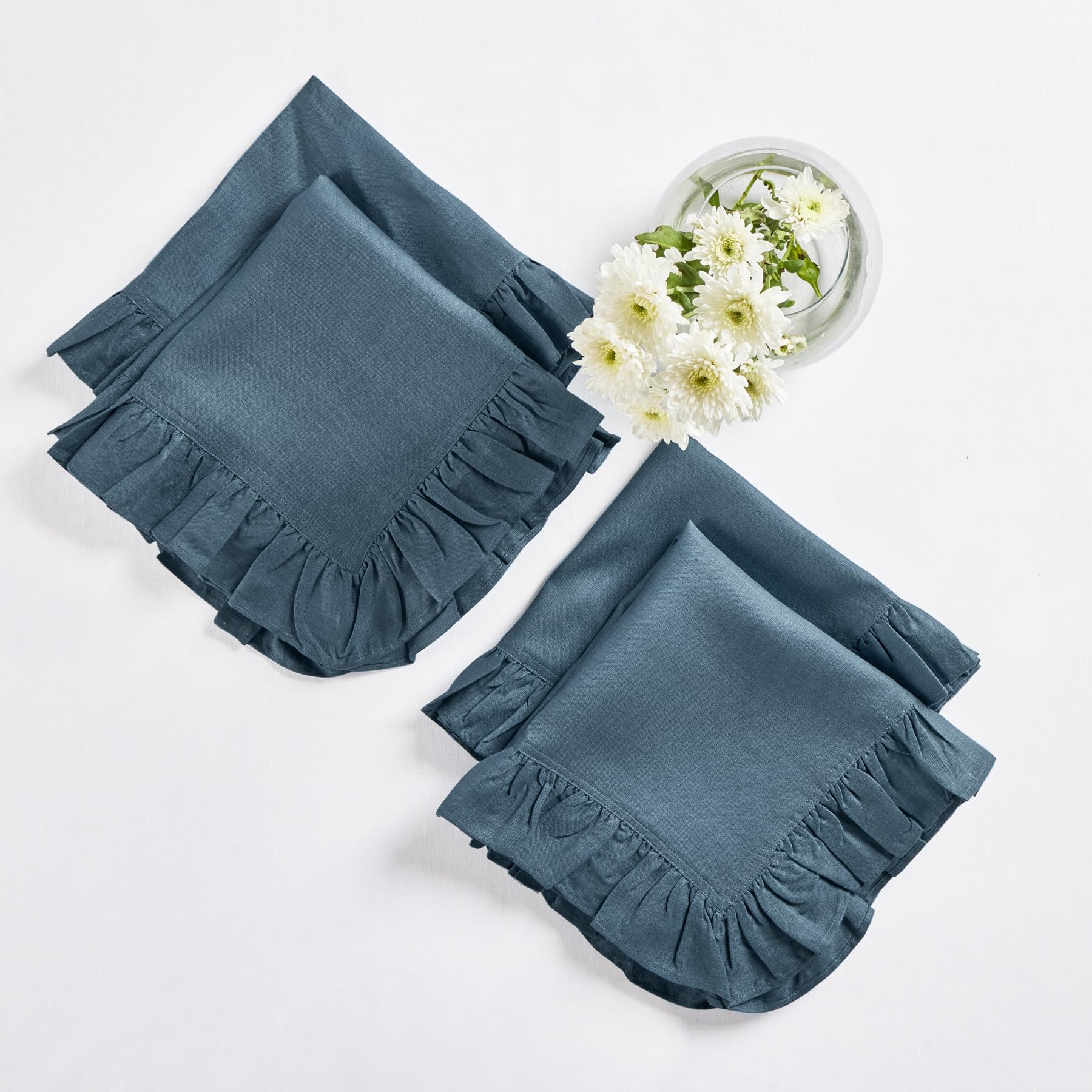 Solino Home Linen Ruffle Dinner Napkins 20 X 20 Inch - 100% Pure Linen Peacock Blue Cloth Napkins Set Of 4 - Gabrielle Ruffle, H