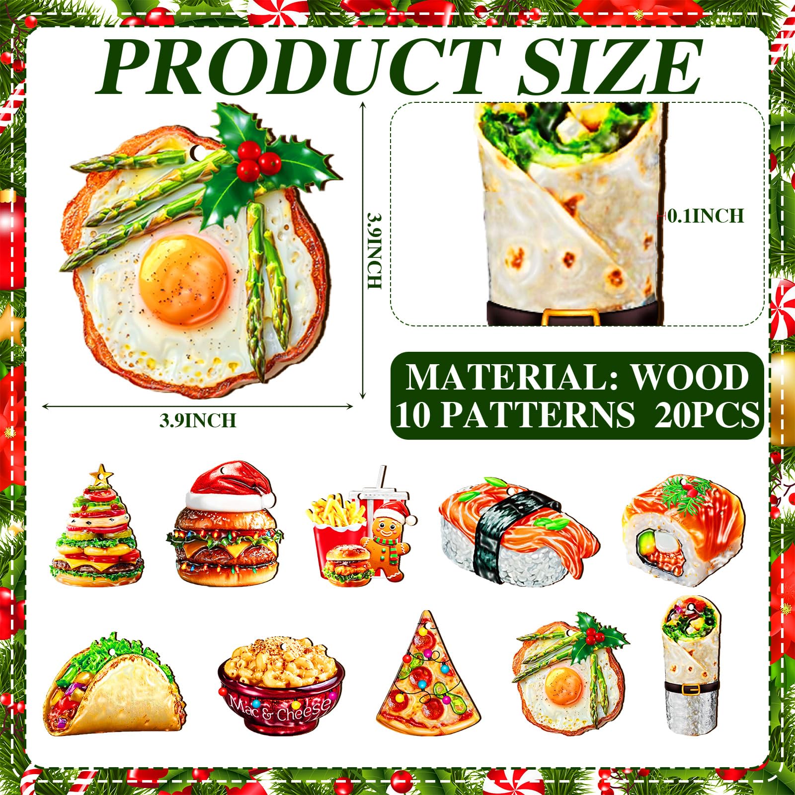 Vercraft 20 Pcs Food Christmas Ornaments with Santa Hat Flat Wooden Kitchen Cuisine Cutouts Burgers Pizza Sushi Tree Ornaments w