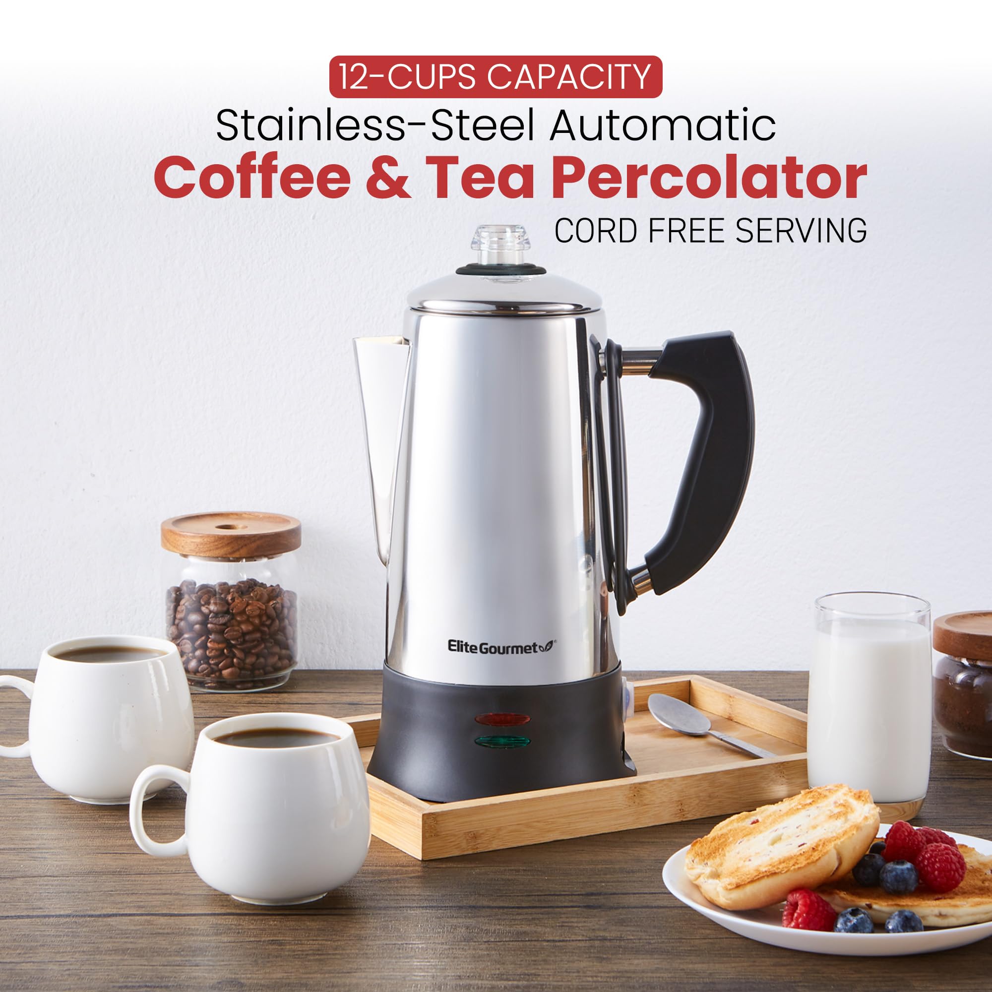 Elite Gourmet EC923 Electric Coffee Percolator, 12-Cup, Stainless Steel, BPA Free, Cool-Touch Handle, Keep Warm Feature