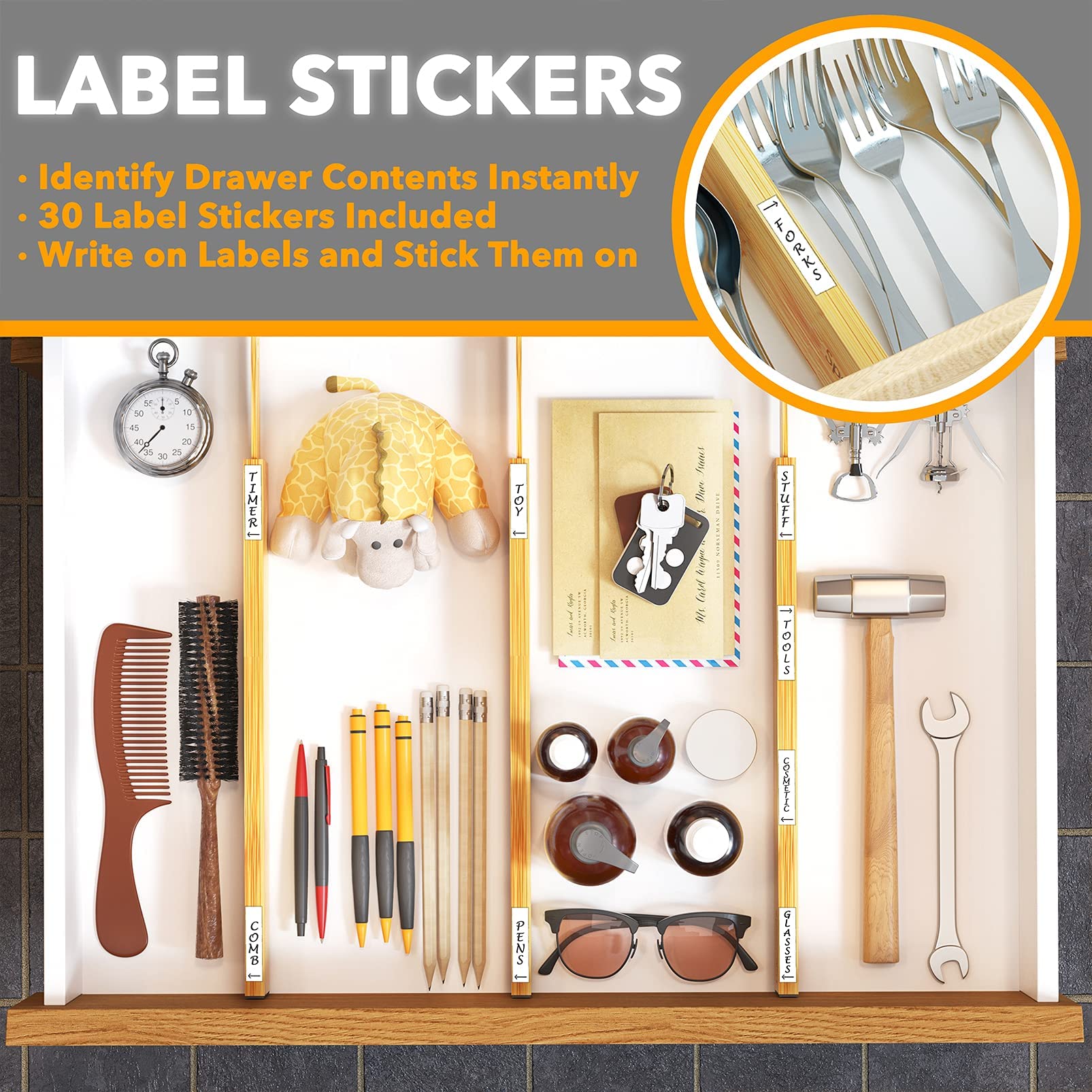 SpaceAid Bamboo Drawer Dividers with Labels, Kitchen Adjustable Drawer Organizers, Expandable Organization for Home, Office, Dre