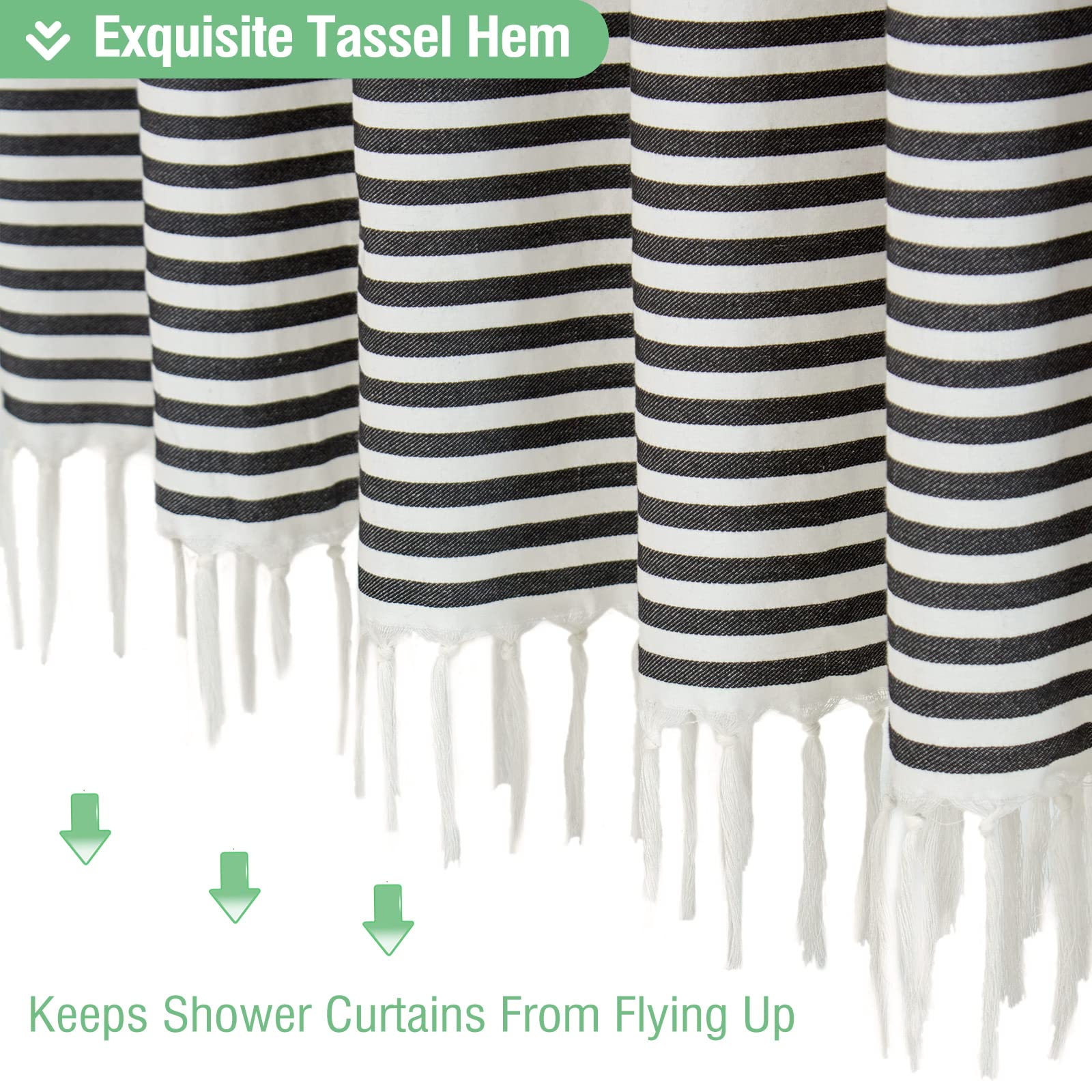 Dynamene Modern Farmhouse Fabric Shower Curtain 78 Inch Long Boho Black and White Striped Cotton Cloth Bathroom Shower Curtain with Tassels  Hotel Luxury Shower Curtain Set with 12 Metal Hooks  72x78