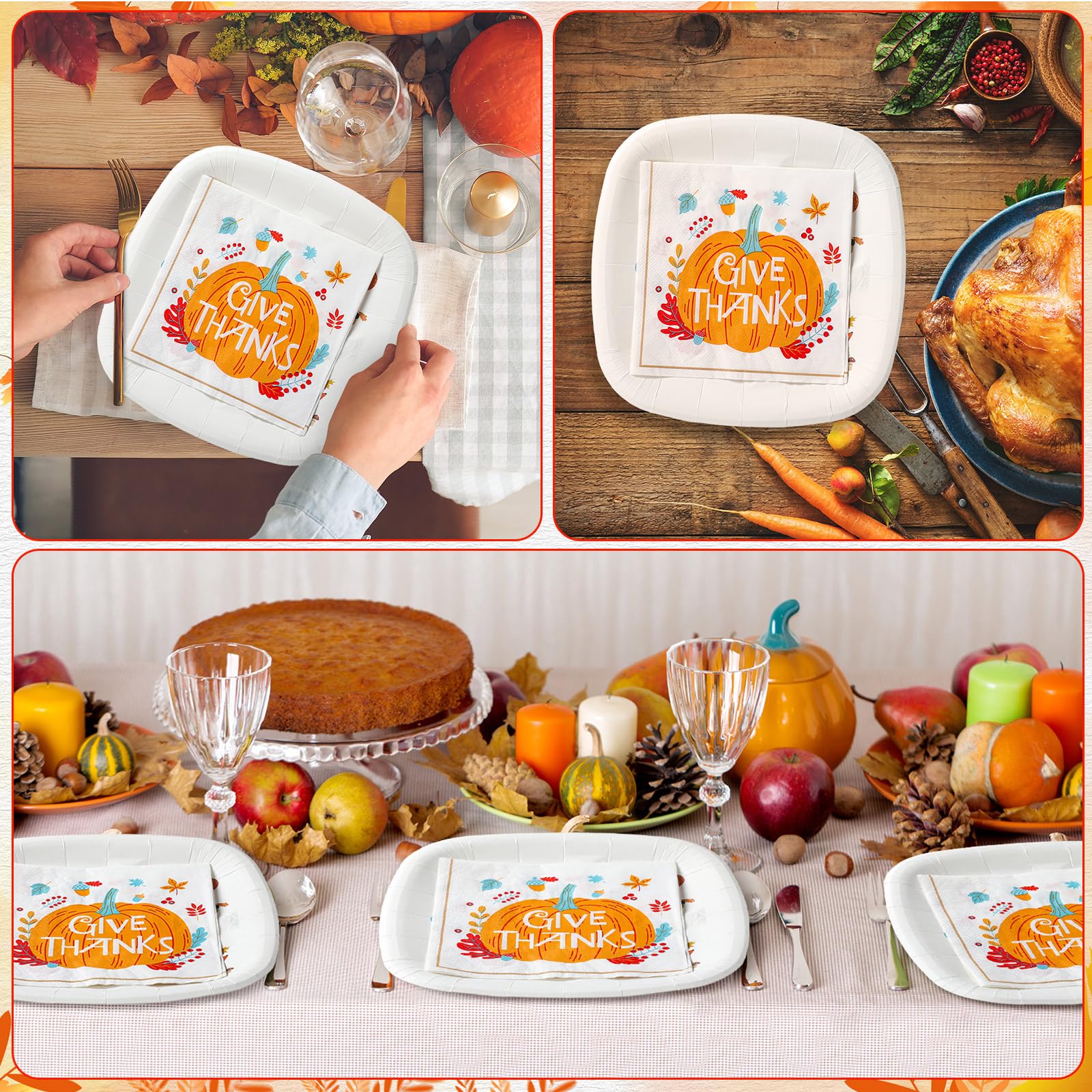 Havawish 60 Pack Thanksgiving Divided Plates for Kids and Napkins Set 24 Pcs Happy Turkey Day Paper Plates 36 Pcs Give Thanks Di