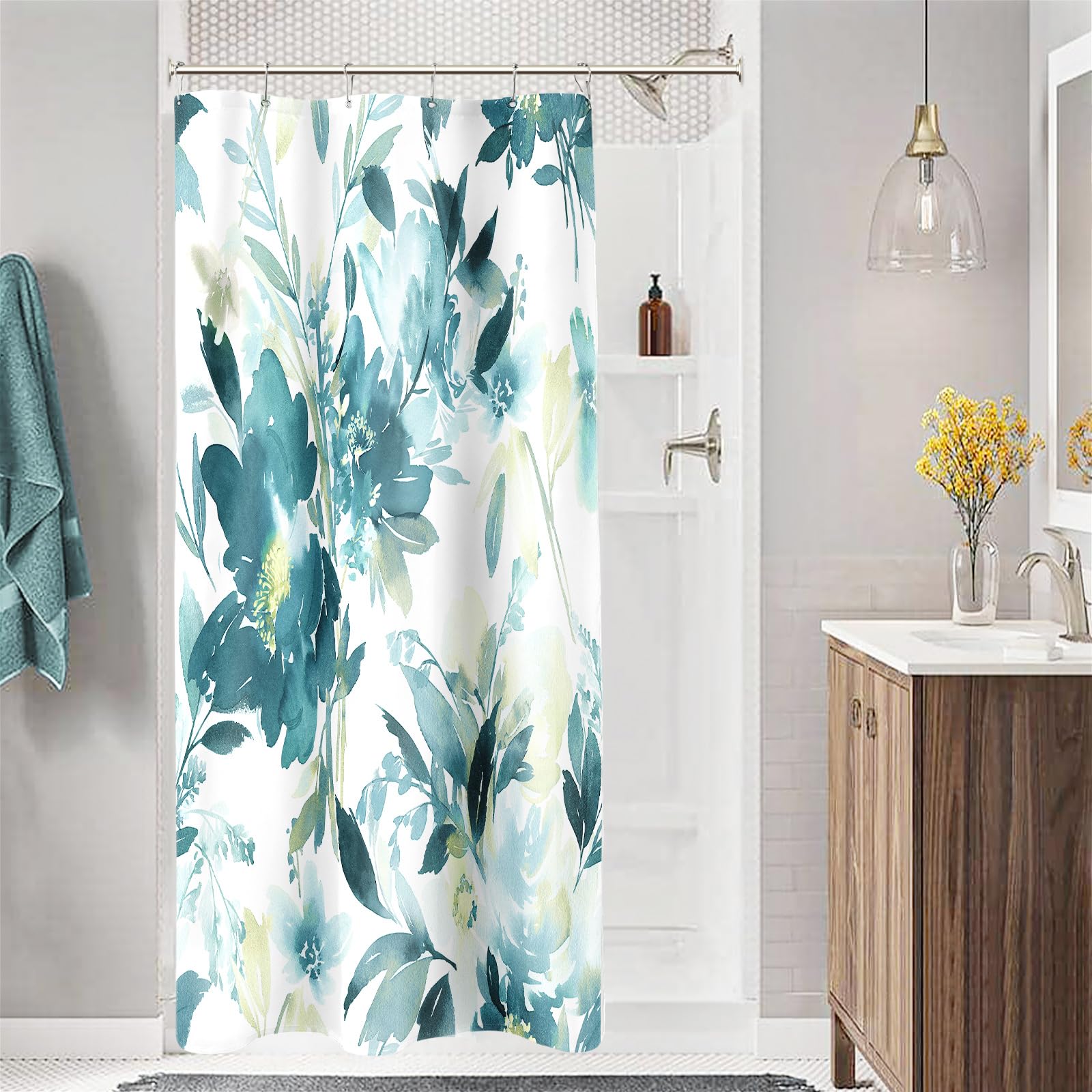Mayzus Small Stall Shower Curtain 36 X 72 Inch, Half Narrow Watercolor Floral Fabric Shower Curtain, Teal Blue Modern Abstract F