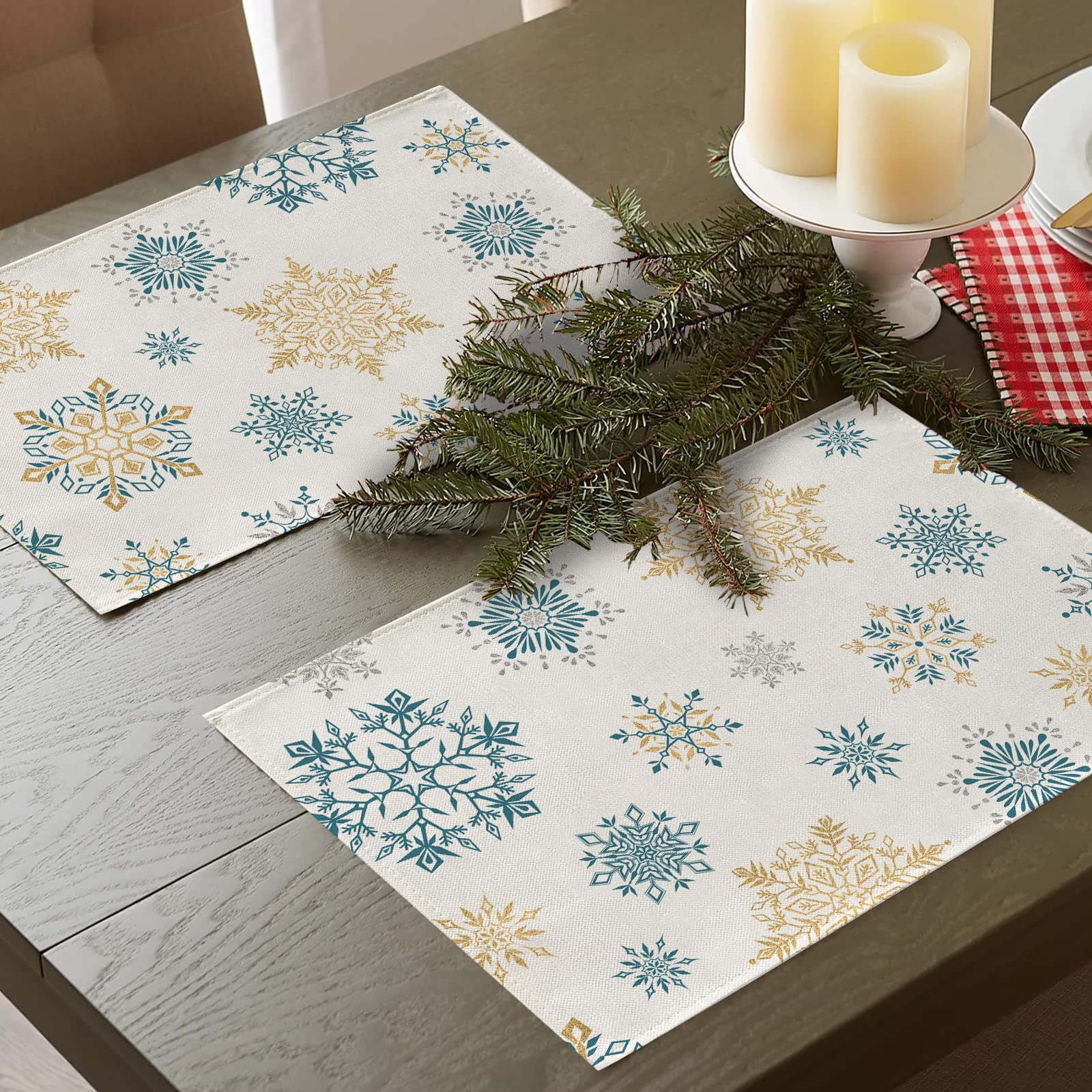 Seliem Winter Snowflakes Placemats Set Of 4, Gold Blue Tabletop Dining Table Place Mats Home Kitchen Decor, Seasonal Farmhouse R