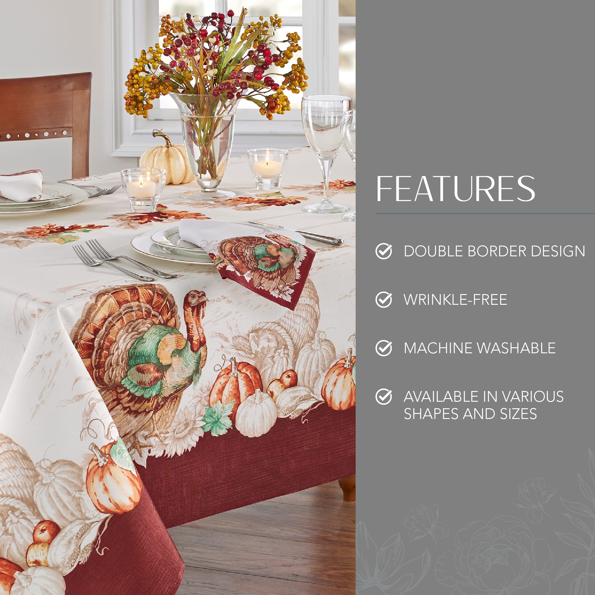 Elrene Home Fashions Holiday Turkey Bordered Fall Wrinkle Resistant Tablecloth, Seasonal Dining-Table Cover, 60'' X 102'' Rectan