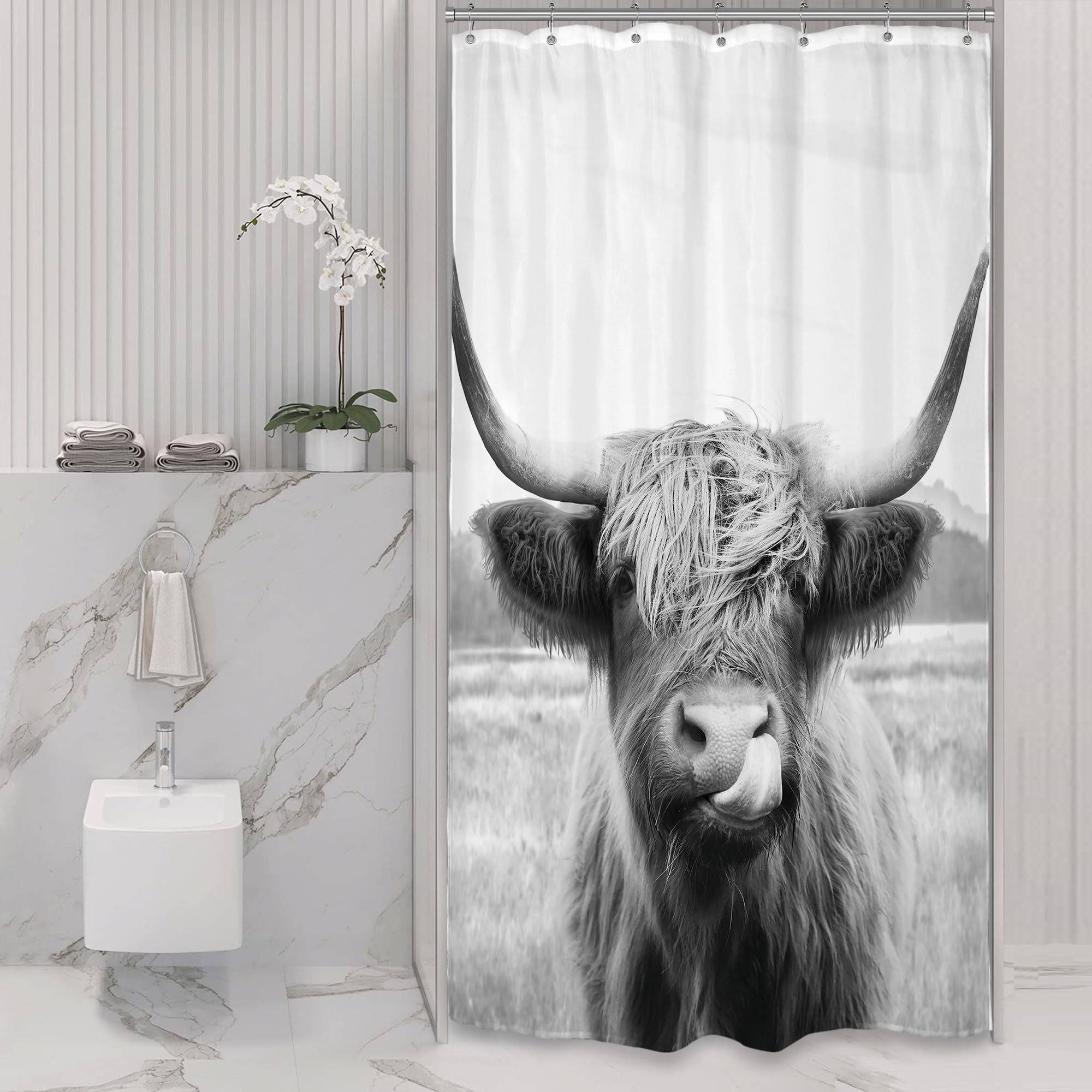 Riyidecor Small Stall Highland Cow Bull Shower Curtain 36Wx72H Inch Farmouse Western Animal Wildlife Funny Cute Sketch Waterproo
