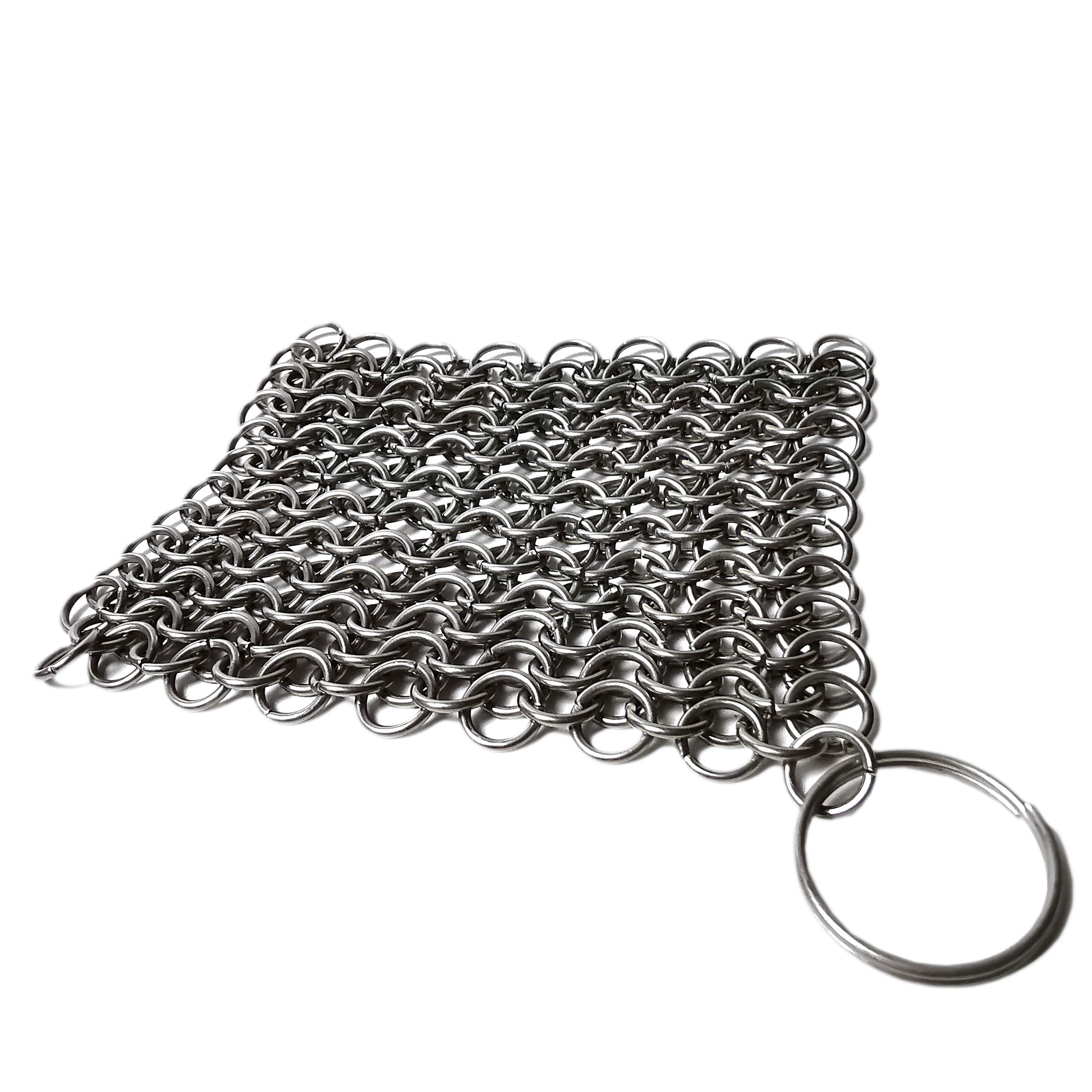 Mythrojan Cast Iron Cleaner, 3.9 Inches Rectangle Chainmail Scrubber With Hanging Ring Dishcloth Stainless Steel Chainmail Scrub