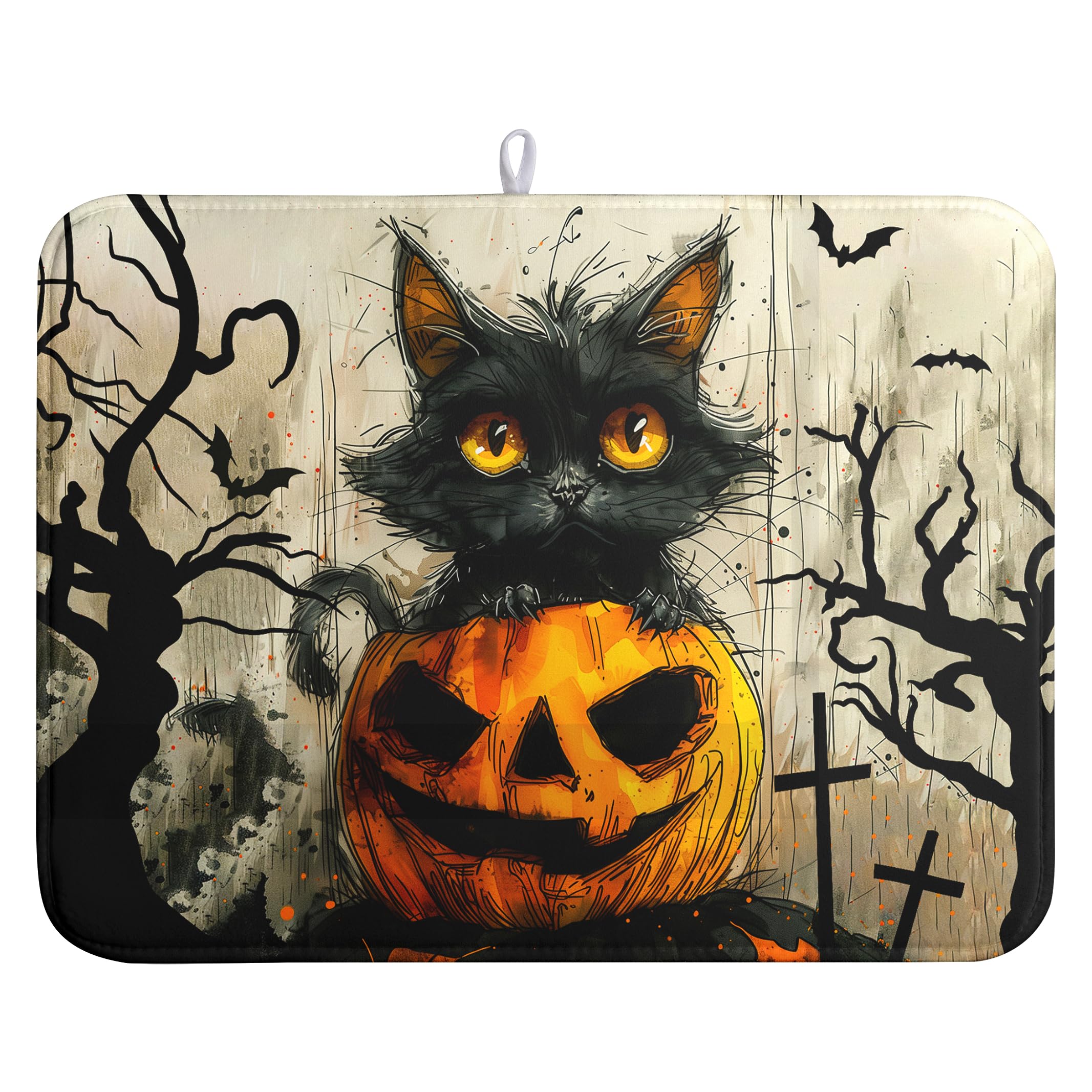 Wnoesat Black Cat Fall Pumpkin Dish Drying Mat 18x24 - Super Absorbent Drying Pads for Kitchen Counter - Happy Halloween Bat Bra