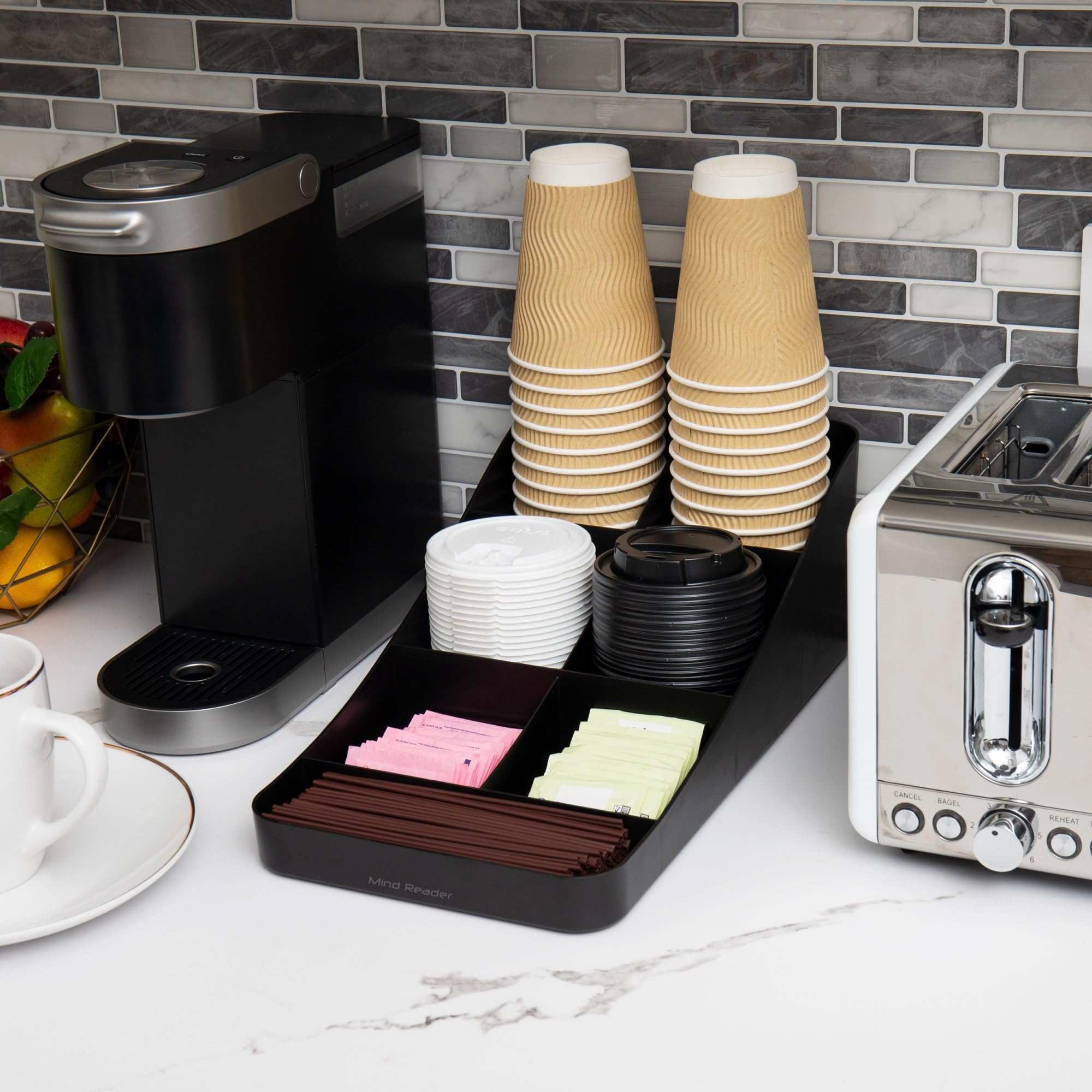 Mind Reader Cup And Condiment Station, Set Of 2, Countertop Organizer, Coffee Bar, Kitchen, 7.25'' L X 15.5'' W X 5.25'' H, Blac