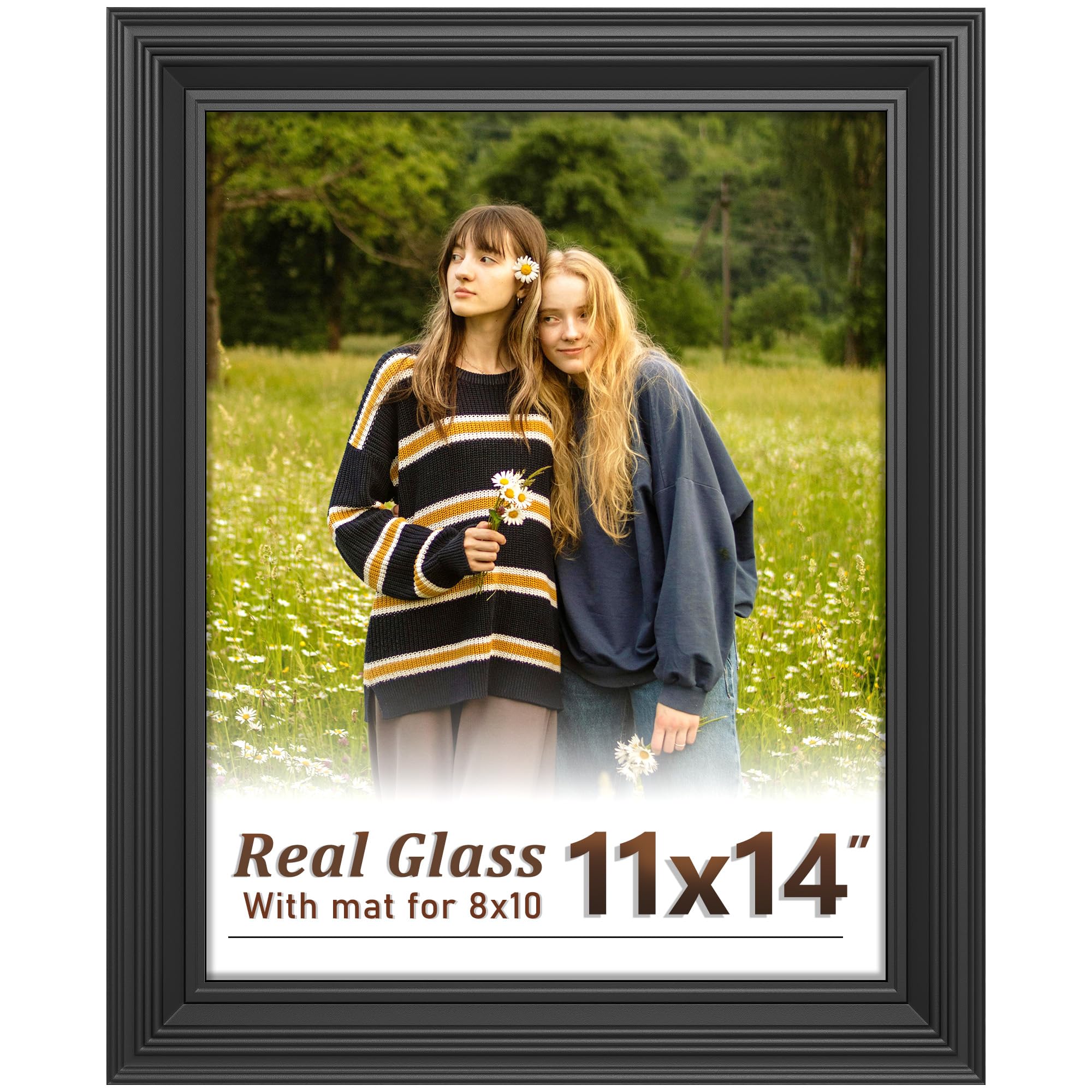 Tinkeps 11x14 Black Picture Frame - Real Glass, Classic Thick Frame Display Pictures 8x10 with Mat or 11 x 14 without Mat, Wall 