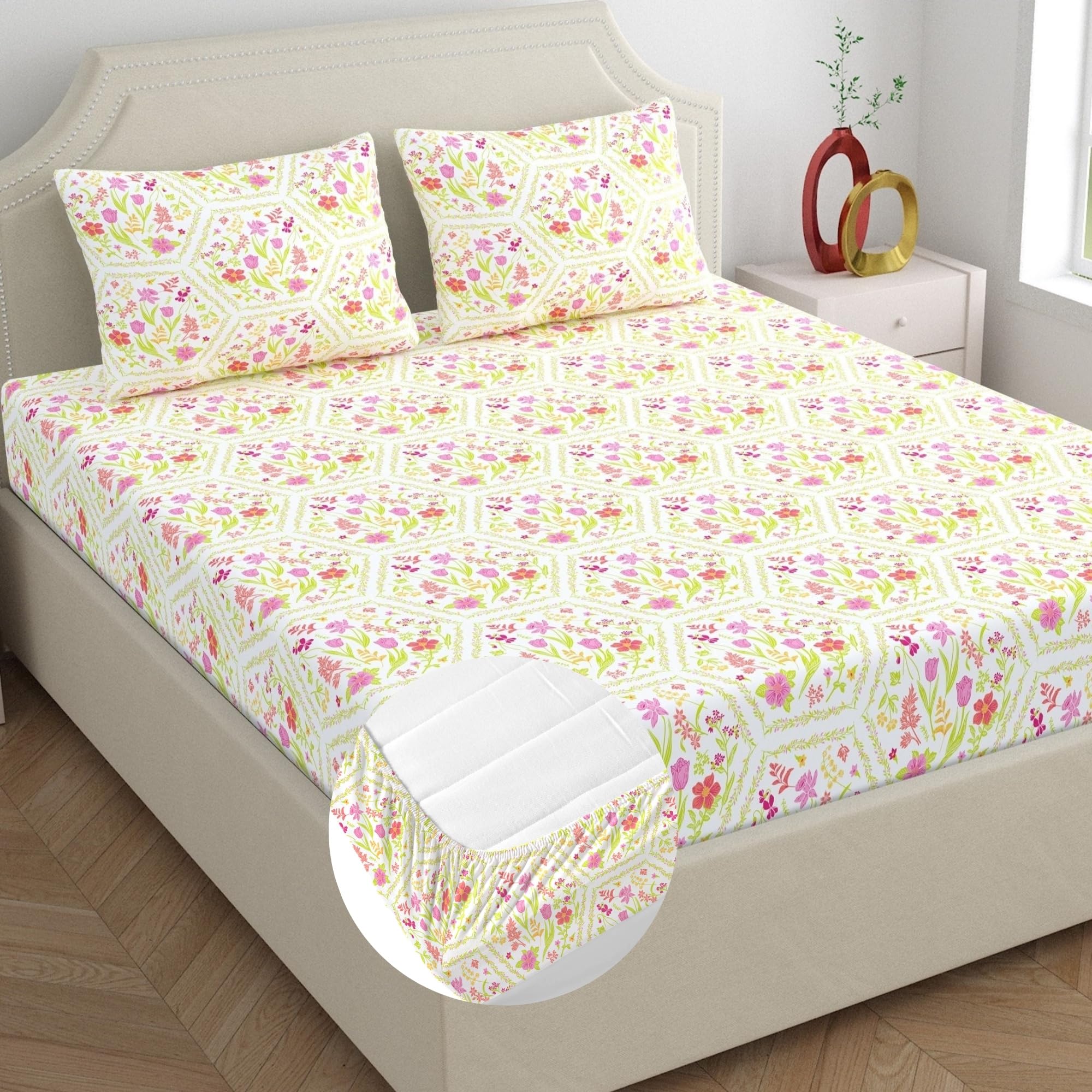 Dreamscape 100% Cotton King Fitted Bedsheet with 2 Pillow Covers  (Size 72 x 78 inches, 140 TC, Colour  Pink: Blush Taffy)