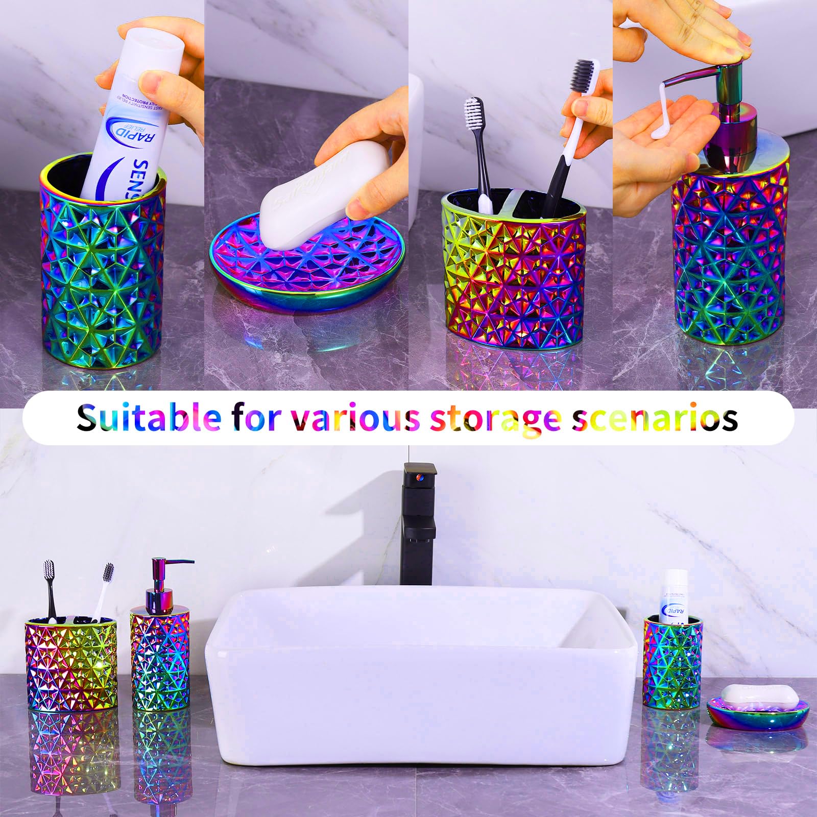 Rxlvcky Colorful Bathroom Accessories Set 4 Pcs, Lotion Soap Dispenser, Soap Dish, Toothbrush Holder, Tumbler, Countertop Vanity