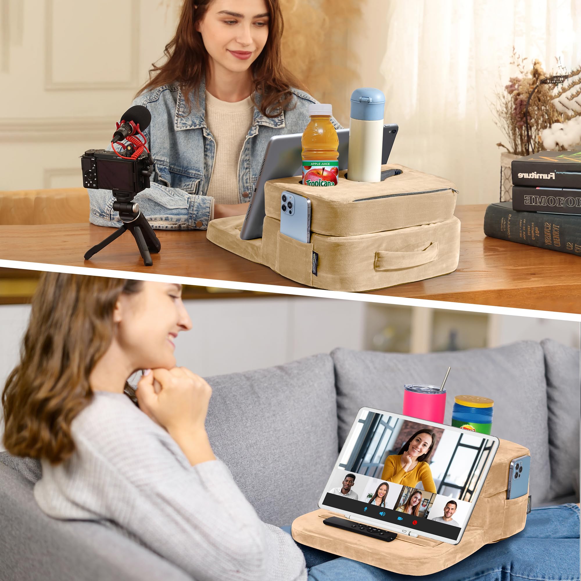 Tabcouchcaddy - Couch Cup Holder Tray Pillow - Bed, Couch Caddy, Sofa, Rv & Car - Holds Drinks, Snacks, Remotes, Phones, Kindle,