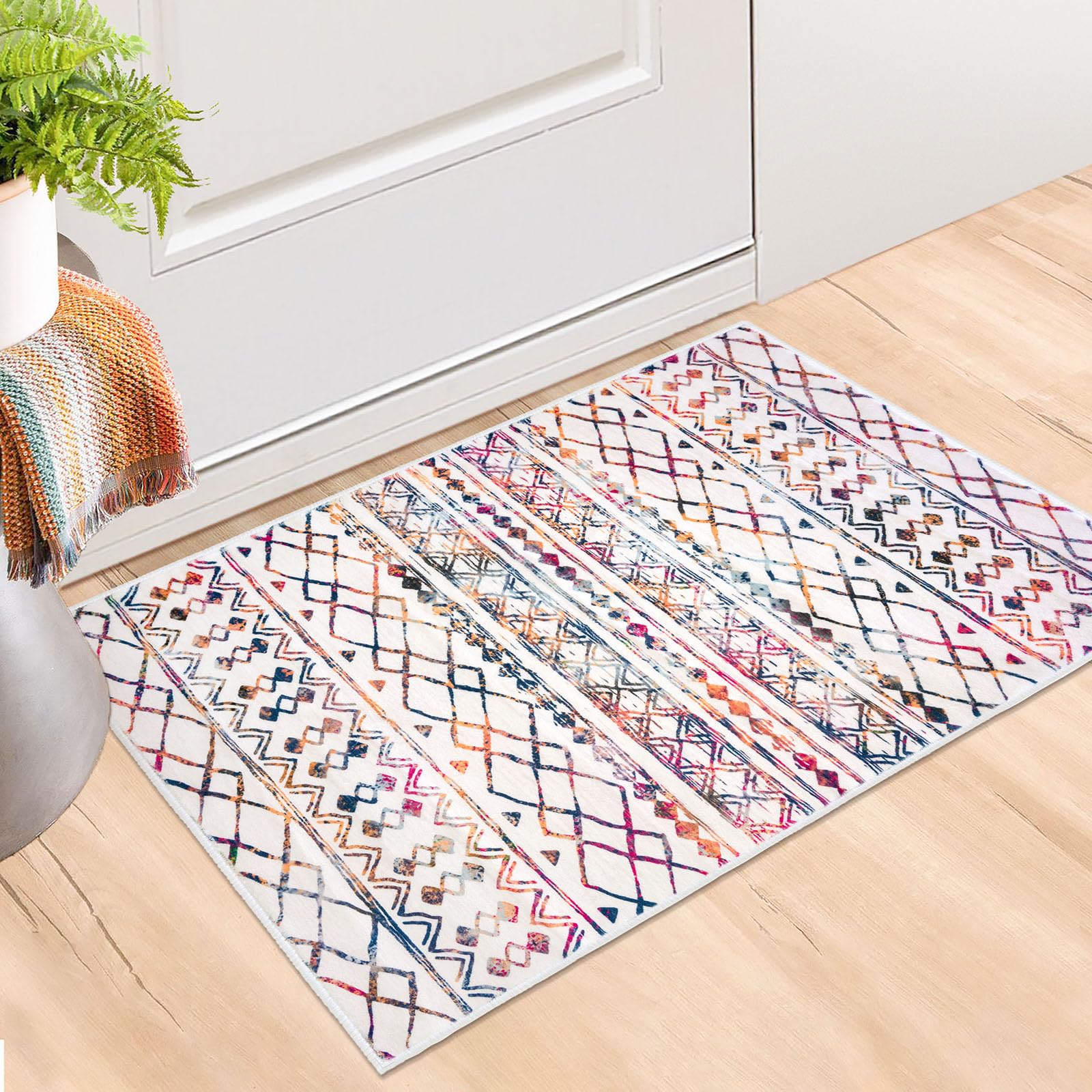 KUTA Moroccan Rugs for Entryway, 2x3 Multi-Color Area Rug Non-Slip Washable Small Rug, Ultra Soft Vintage Geometric Low-Pile Ind