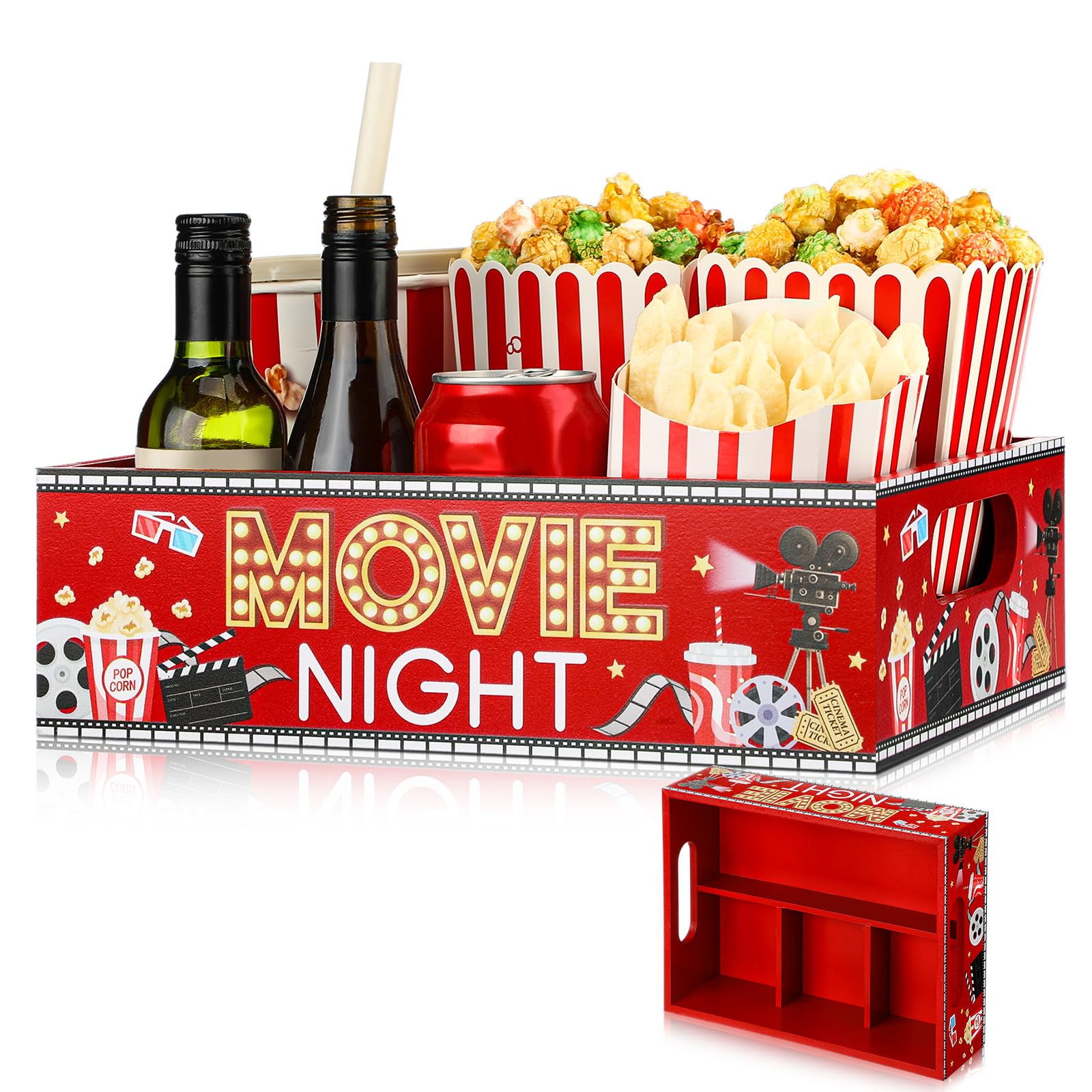 Movie Night Snack Tray with Handles and 4 Compartments for Theater Popcorn Bucket Bowl Box Reusable Wooden Gift Basket Organizer
