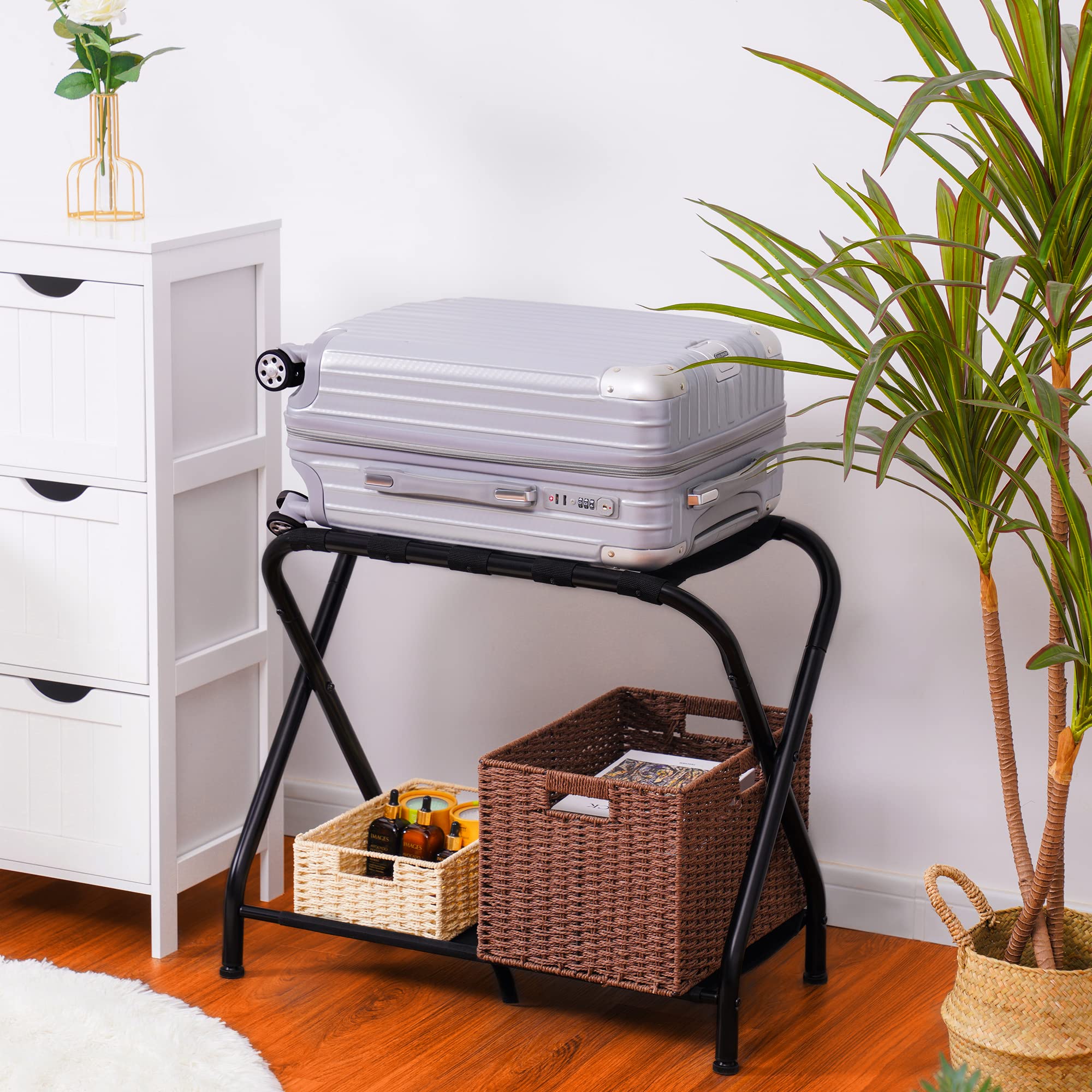 Heybly Luggage Rack Pack of 2 Steel Folding Suitcase Stand with Storage Shelf for Guest Room Bedroom Hotel Black HLR002B2