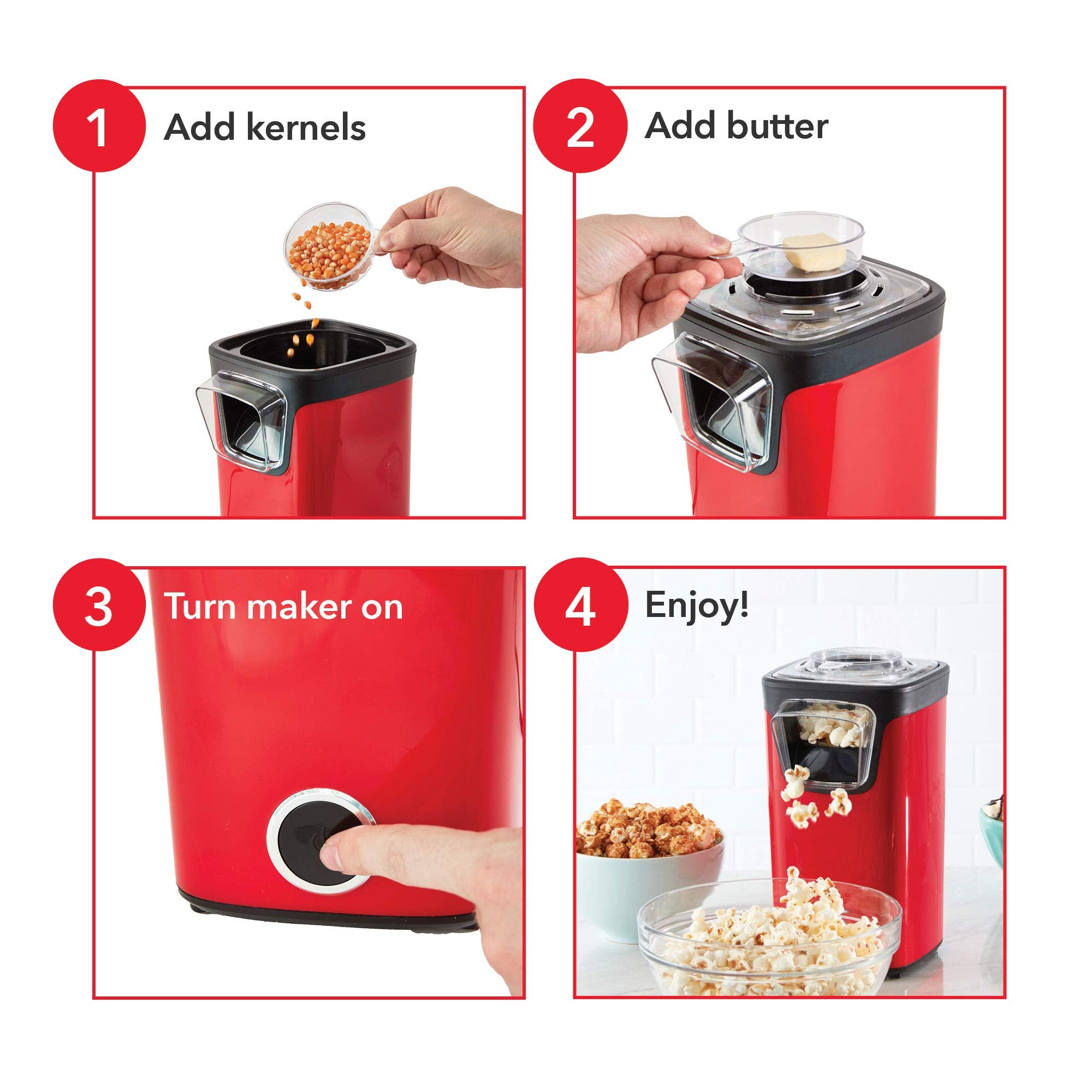 Dash Turbo Pop Popcorn Maker With Measuring Cup To Portion Popping Corn Kernels + Melt Butter, 8 Cup Popcorn Machine - Red