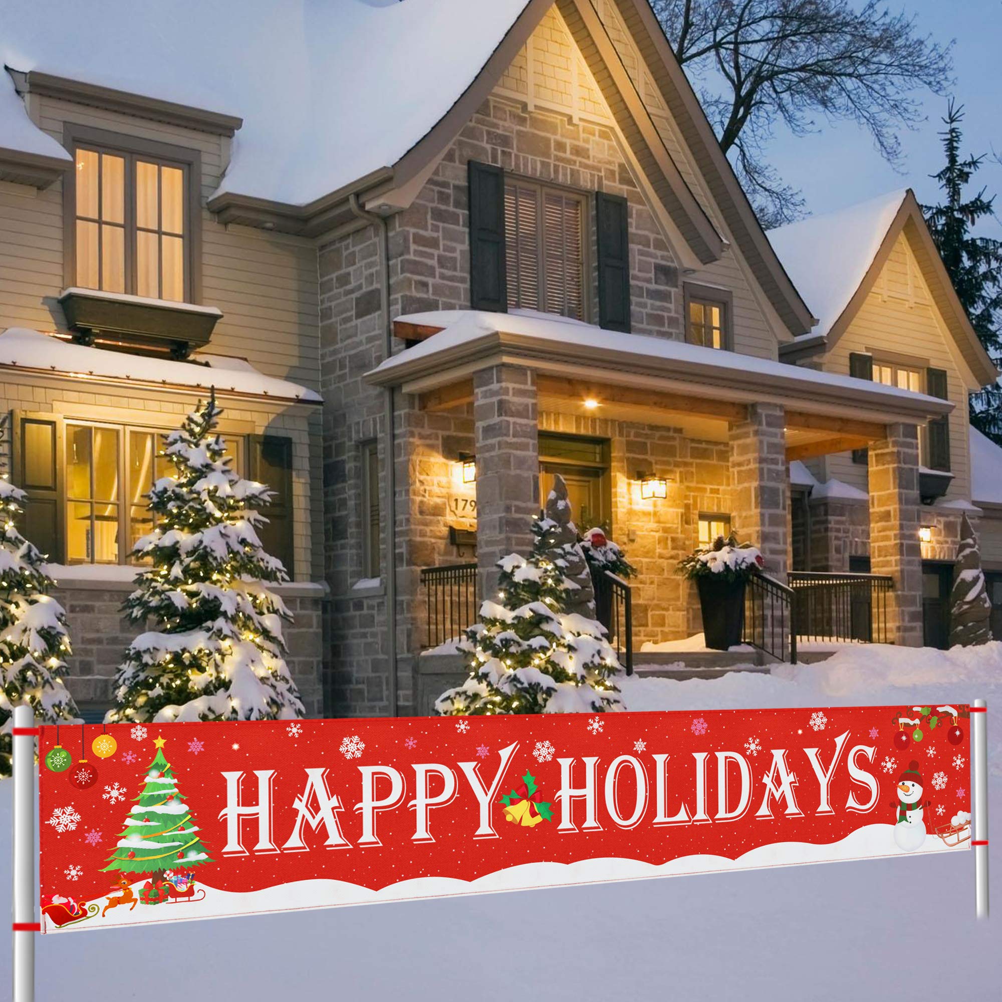 Large Happy Holidays Banner Outdoor | Red Christmas Banner Decorations | Xmas Party Supplies Outdoor & Indoor Decor (8.2 X 1.5 F
