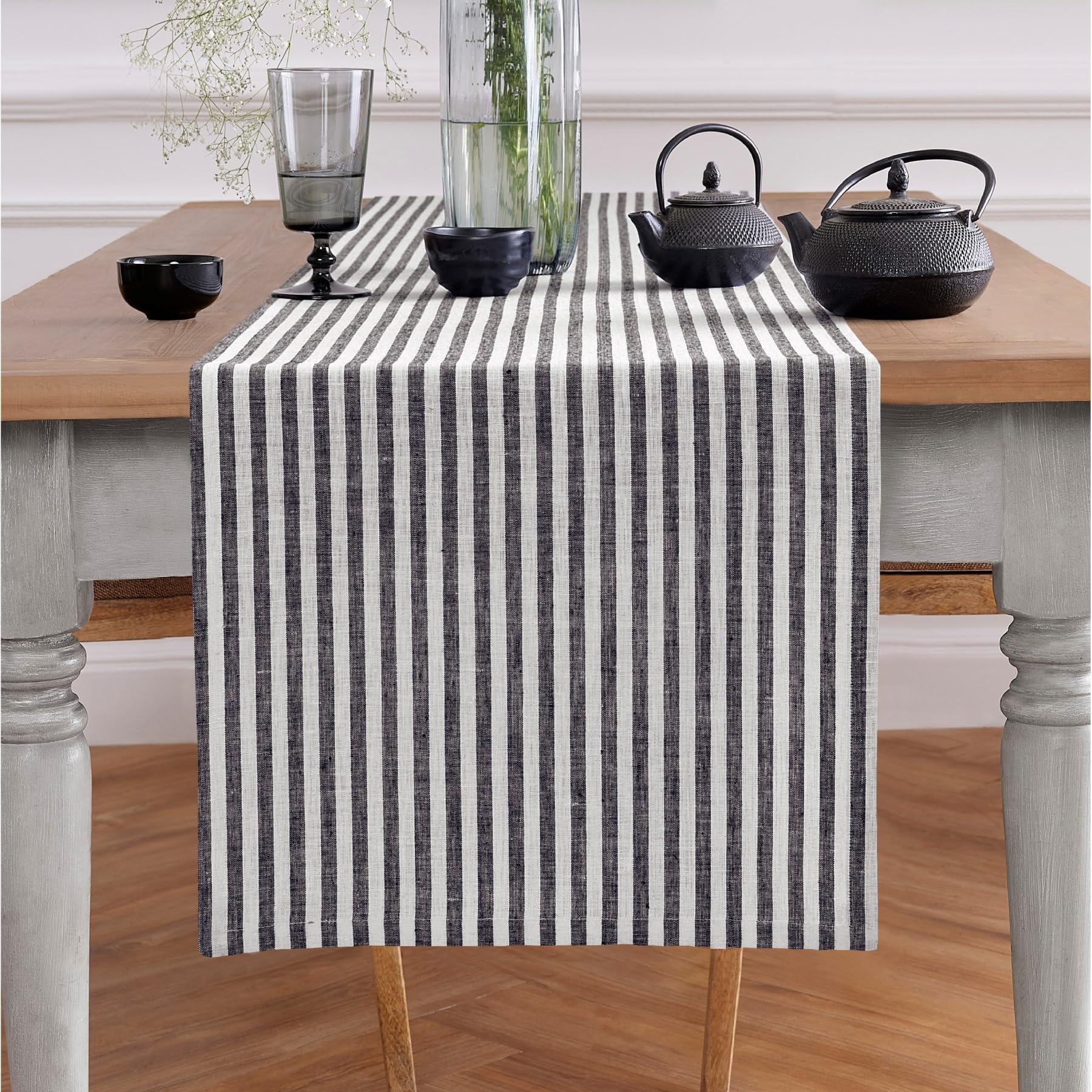 Solino Home Stripe Linen Table Runner 108 Inches Long - 100% Pure Linen Black And White Dining Table Runner 18 X 108 Inch Ideal