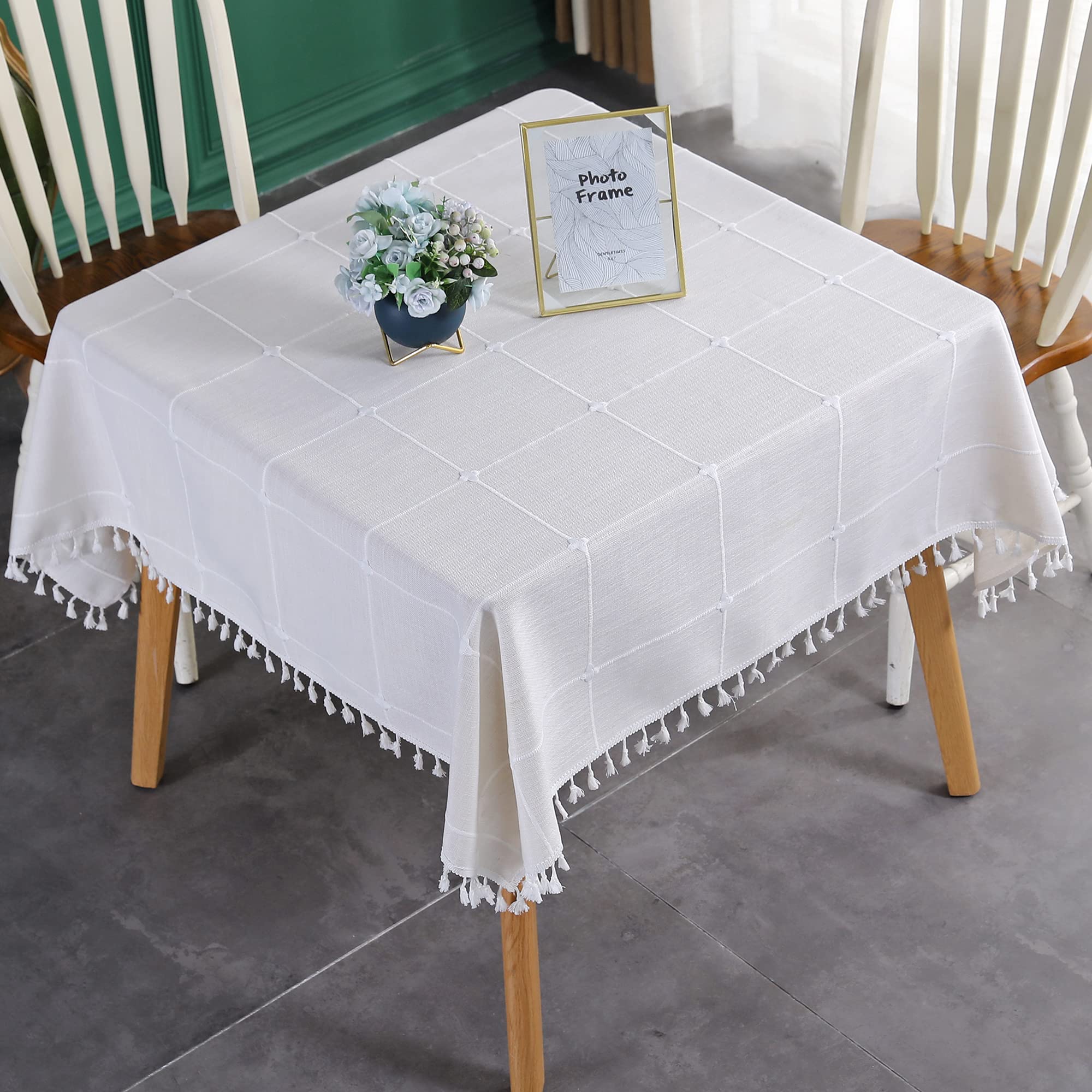 Farmhouse Checkered Embroidery Lattice Square Tablecloth with Tassel Heavy Duty Rustic Fabric Table Cover Wrinkle Resistant Washable Kitchen Dining Party Wedding Decoration 70 x 70 Inch