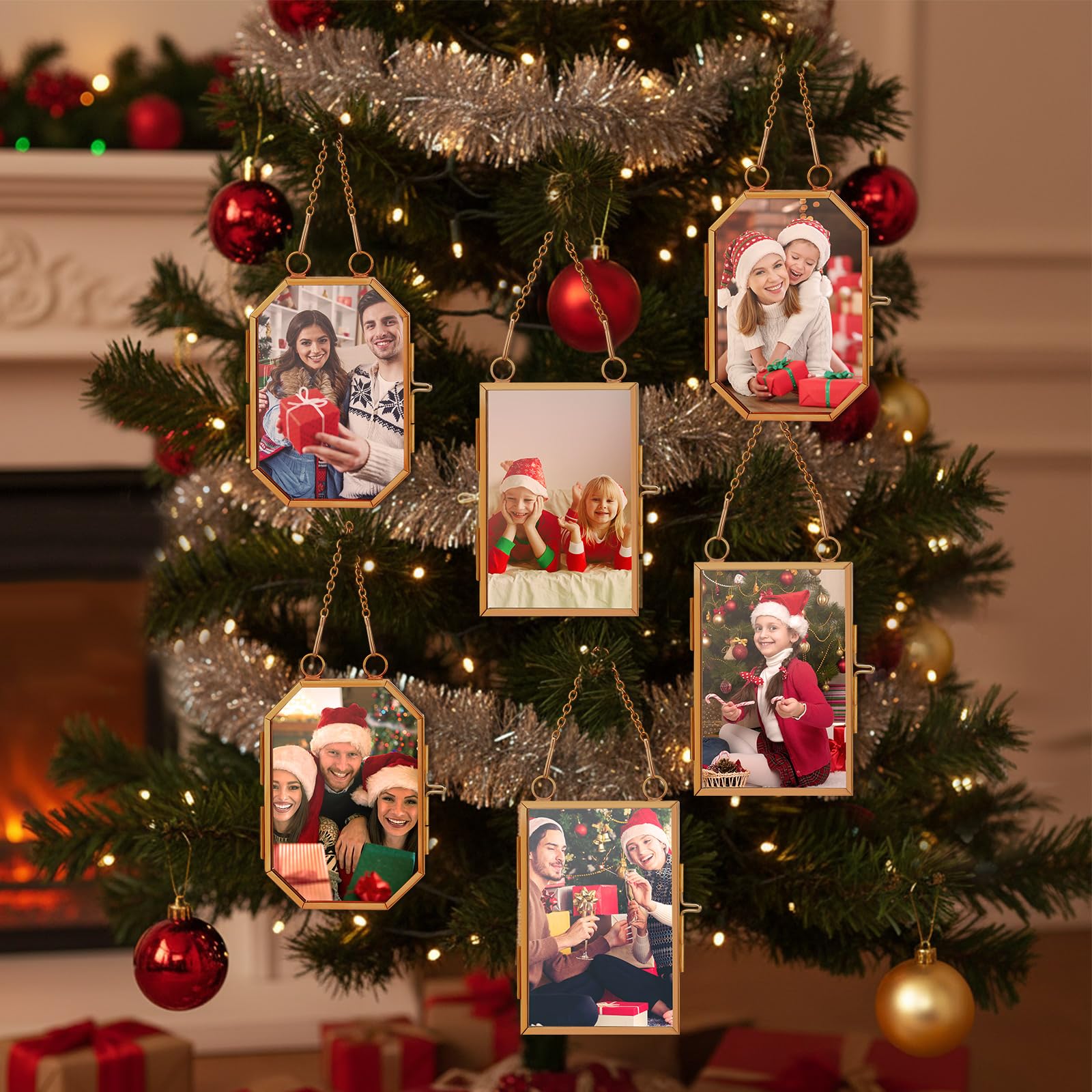 Qunclay 6 Pcs 2.5 x 3.5    2 x 3 Christmas Brass Picture Frame Ornaments Octagonal Rectangular Christmas Metal Double Glass Hang