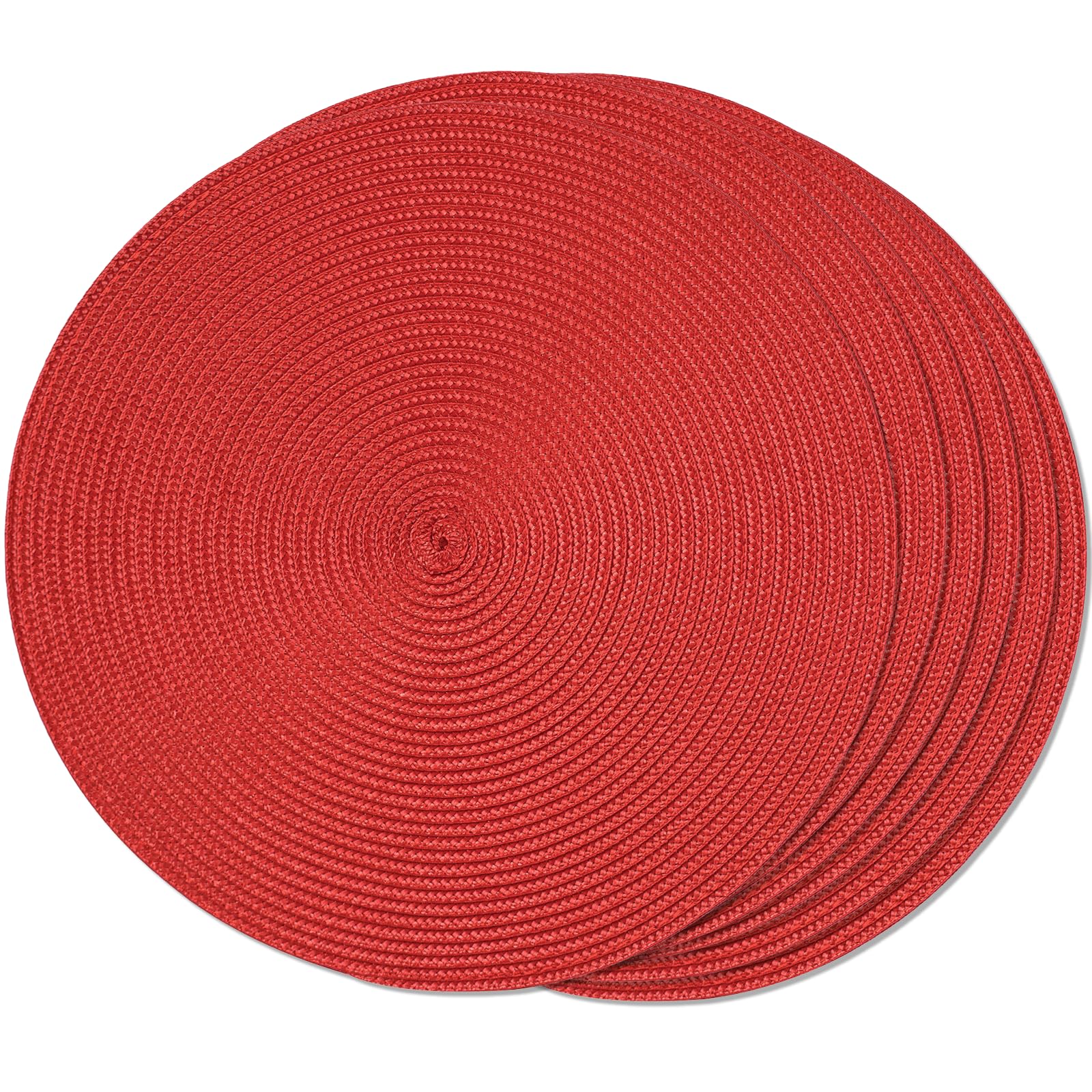 Funwheat Round Braided Placemats Set Of 6 Table Mats For Dining Tables Woven Washable Non-Slip Place Mats 15 Inch (Red, 6Pcs)