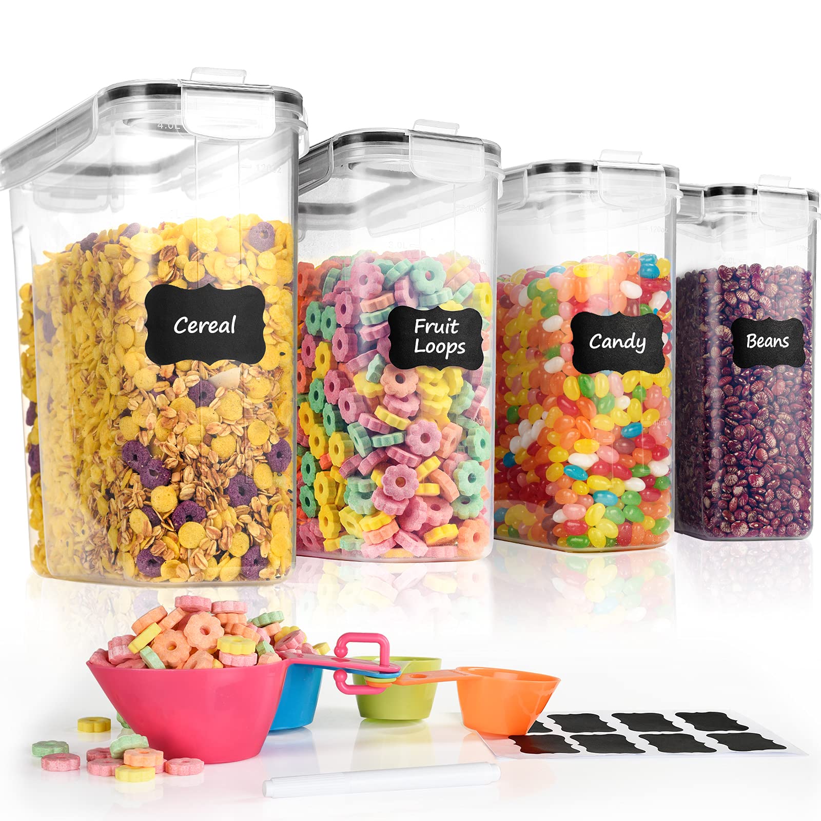 Tiawudi 4 Pk Cereal Containers Storage Set 135.2Oz/4L Each, Airtight Food Storage Containers, Large Cereal Dispenser, Kitchen Pa