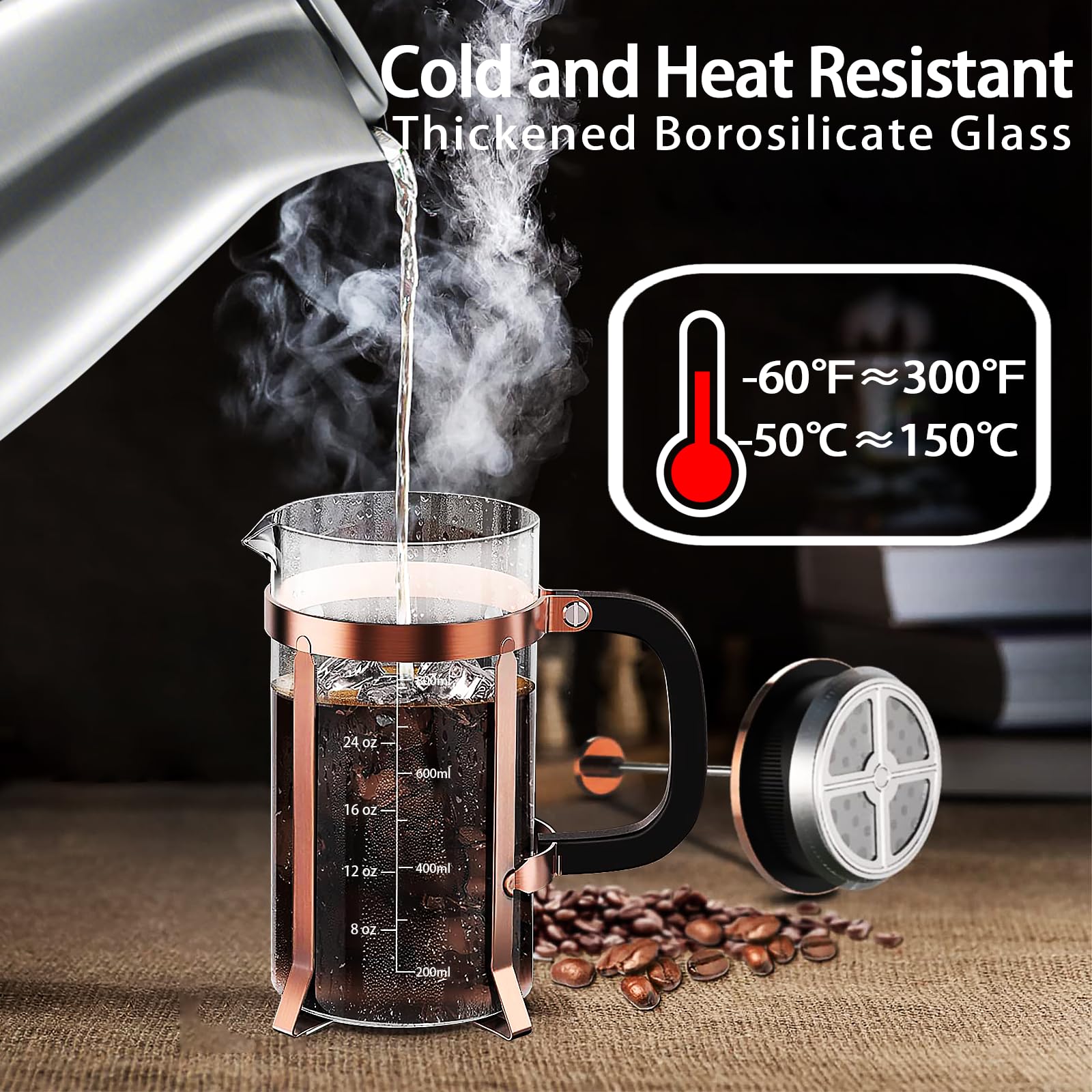 Ymmind French Press Coffee Maker 304 Stainless Steel Coffee Press,With 4 Filters System, Heat Resistant Thickness Borosilicate F