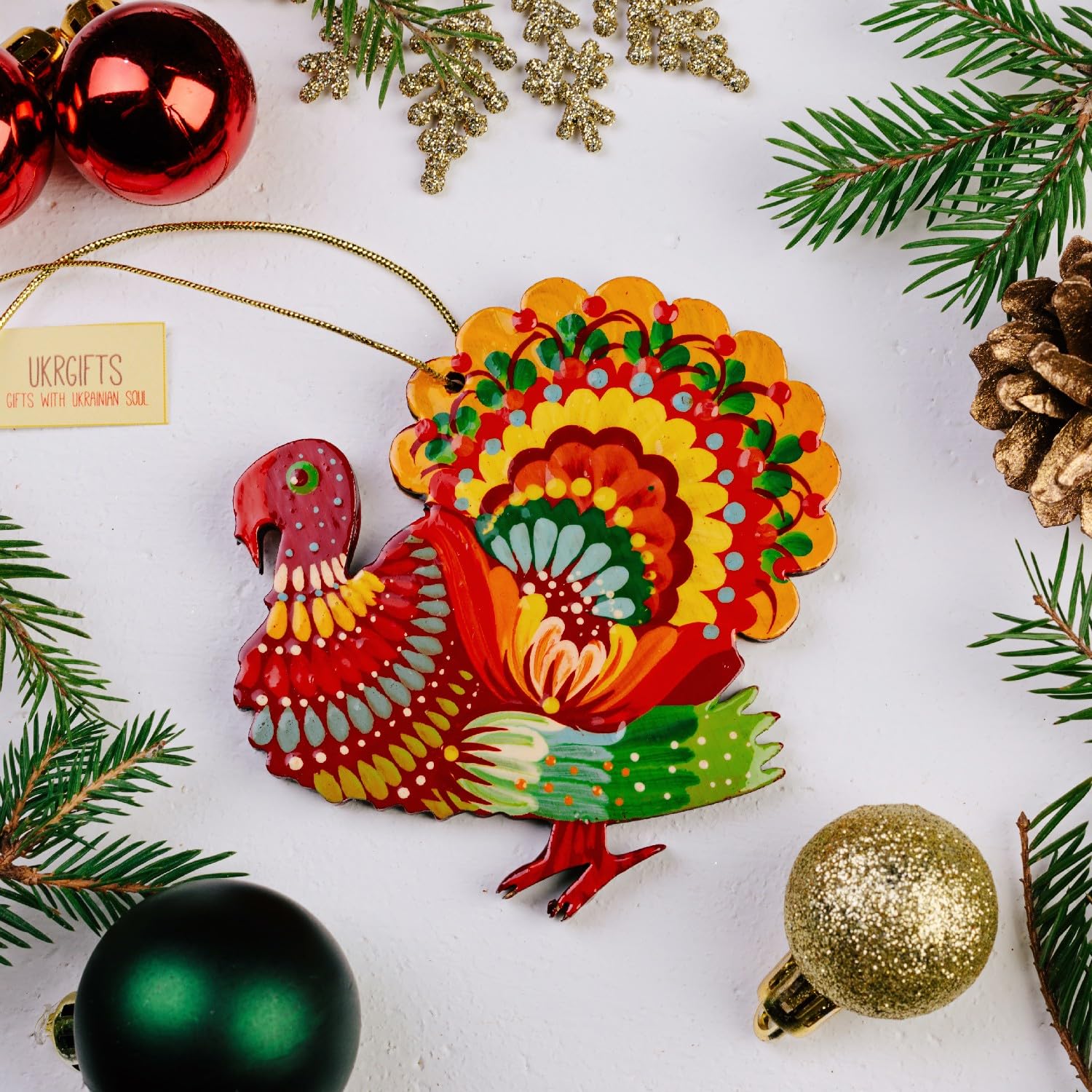 Turkey Christmas Ornament made of wood Hand-Painted Ukrainian Folk Art - Petrykivka Painting