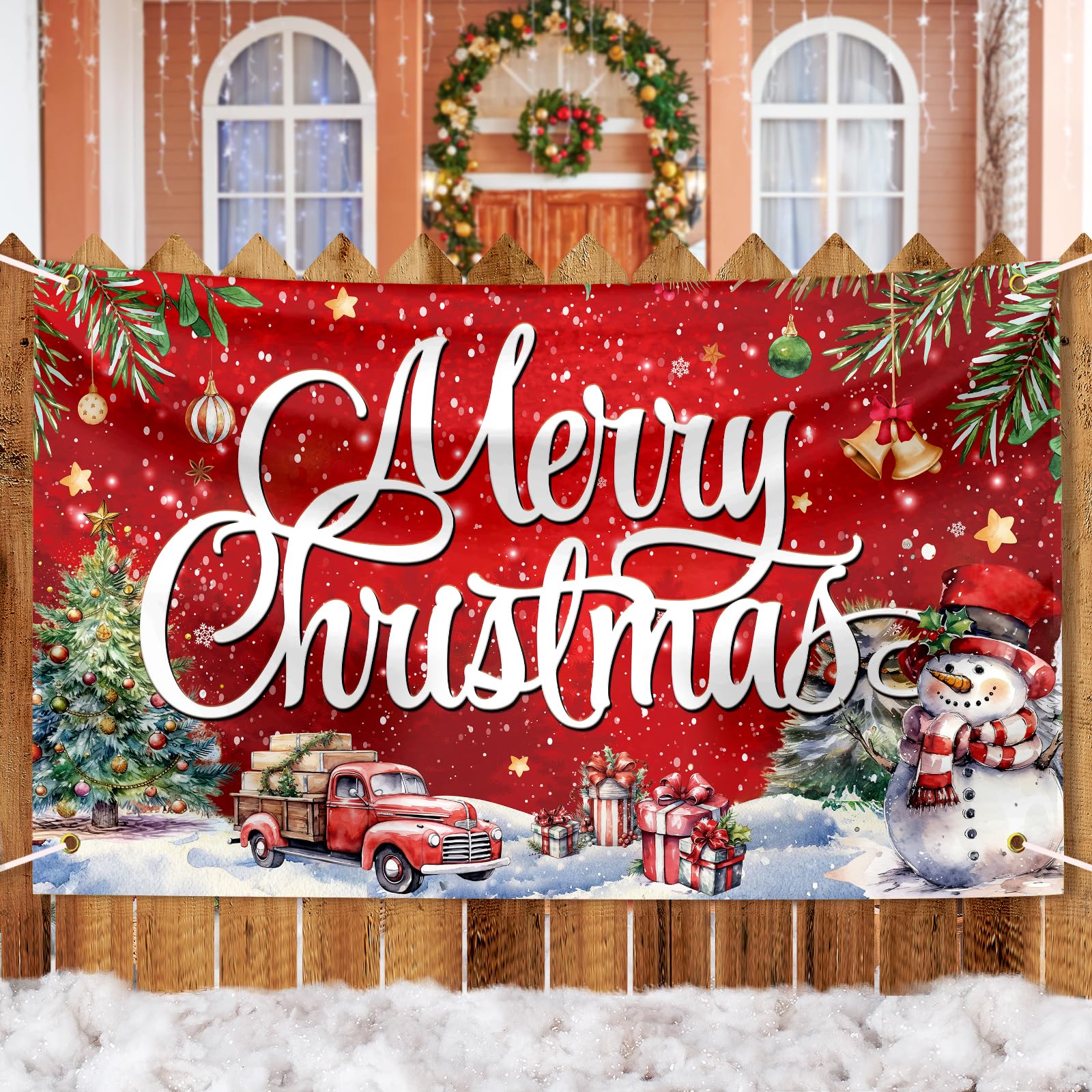 Large Christmas Banner Decorations Red Flag Outdoor 72X44 Inch, Merry For Indoor Home House Decor Party Supplies, Yard Sign Back