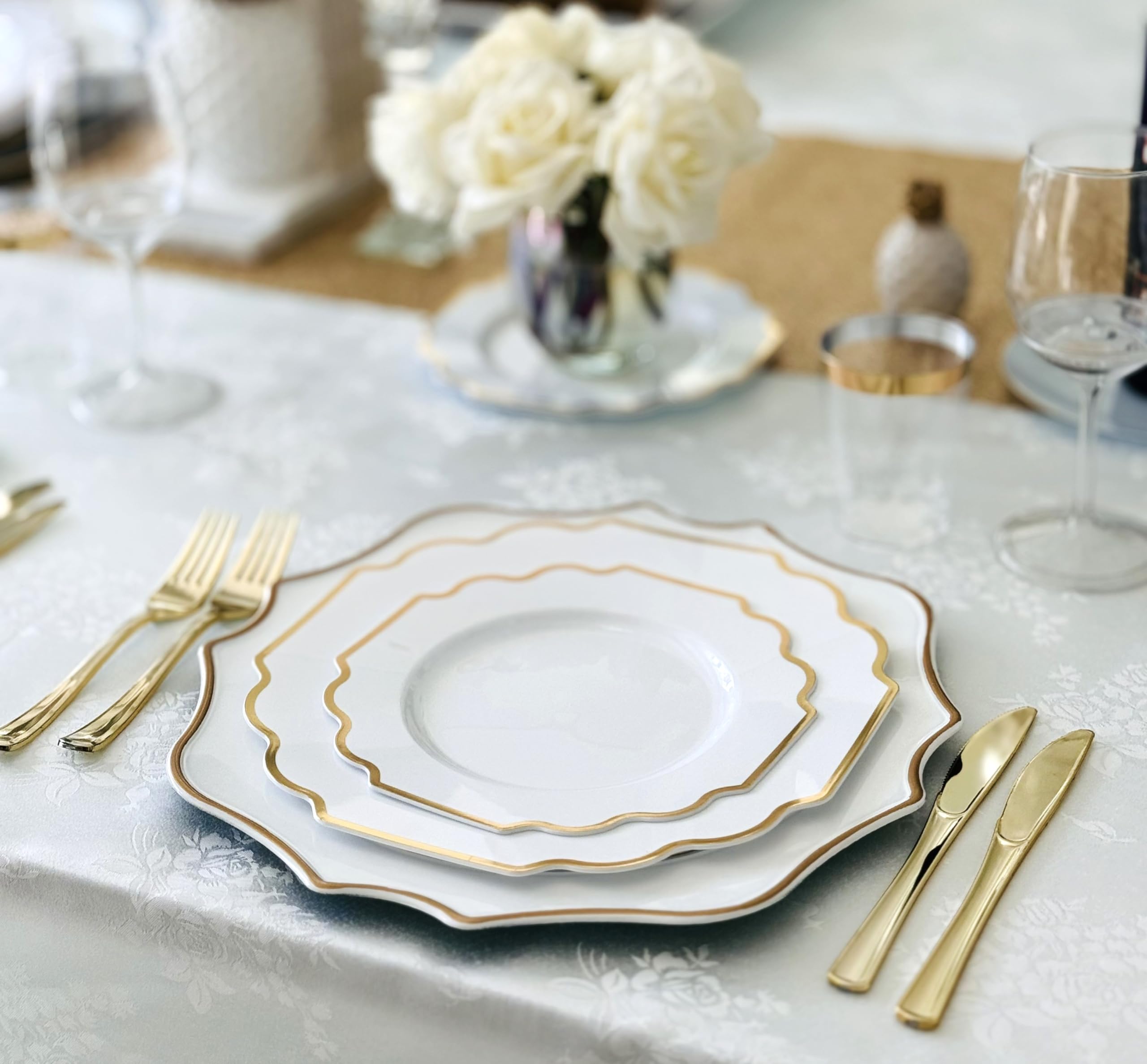 ' OCCASIONS '' 640 Piece set (80 Guests)-Heavyweight Wedding Party Disposable Plastic Plate Set - 80 x 10.5'' + 80 x 8'' + Silverware + Cups + Napkins (Imperial White & Gold)