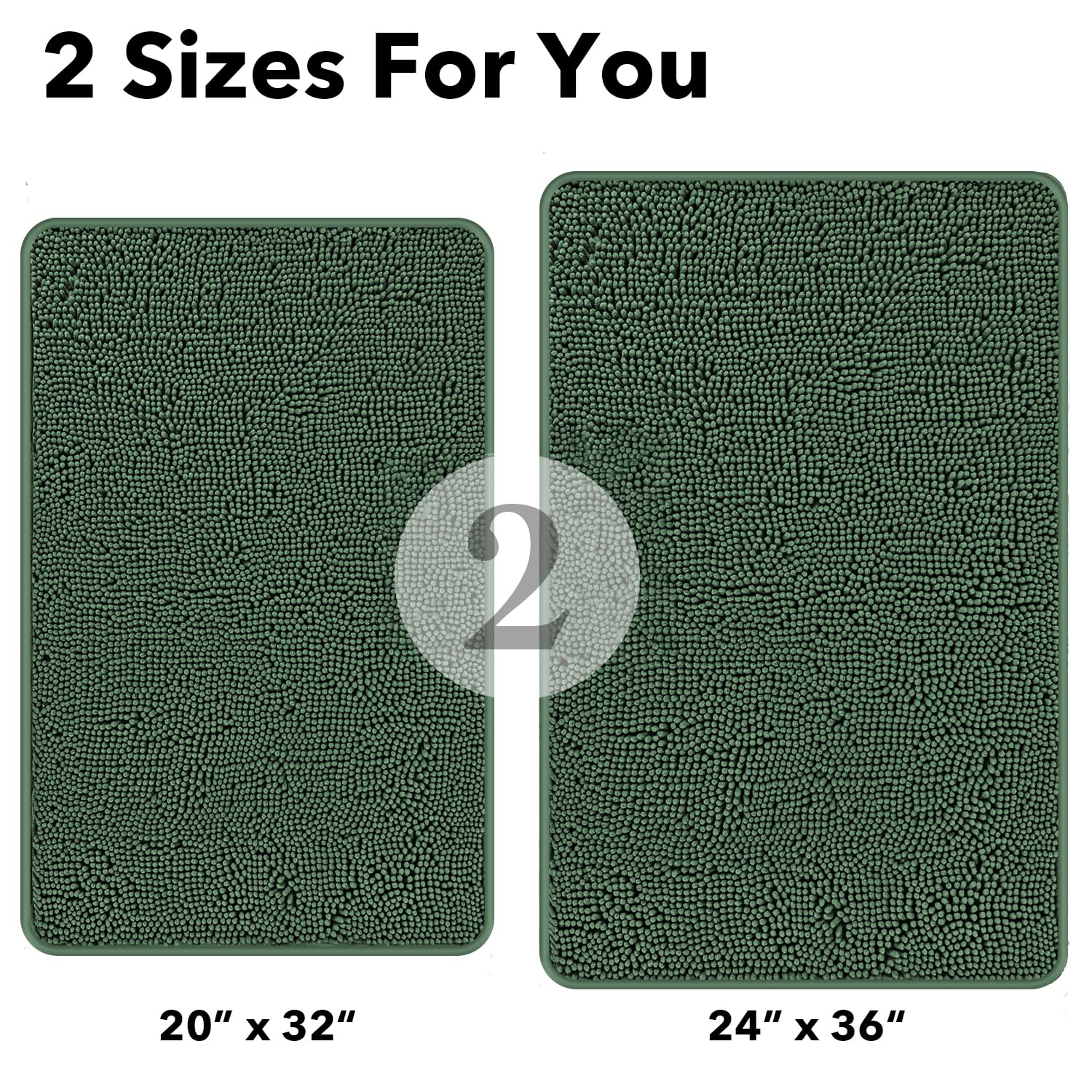 Pureswan Dark Green Bathroom Rugs Sets 2 Piece - Absorbent And Washable Bath Mat, Non-Slip, Thick Soft Chenille Bath Rugs For Ba