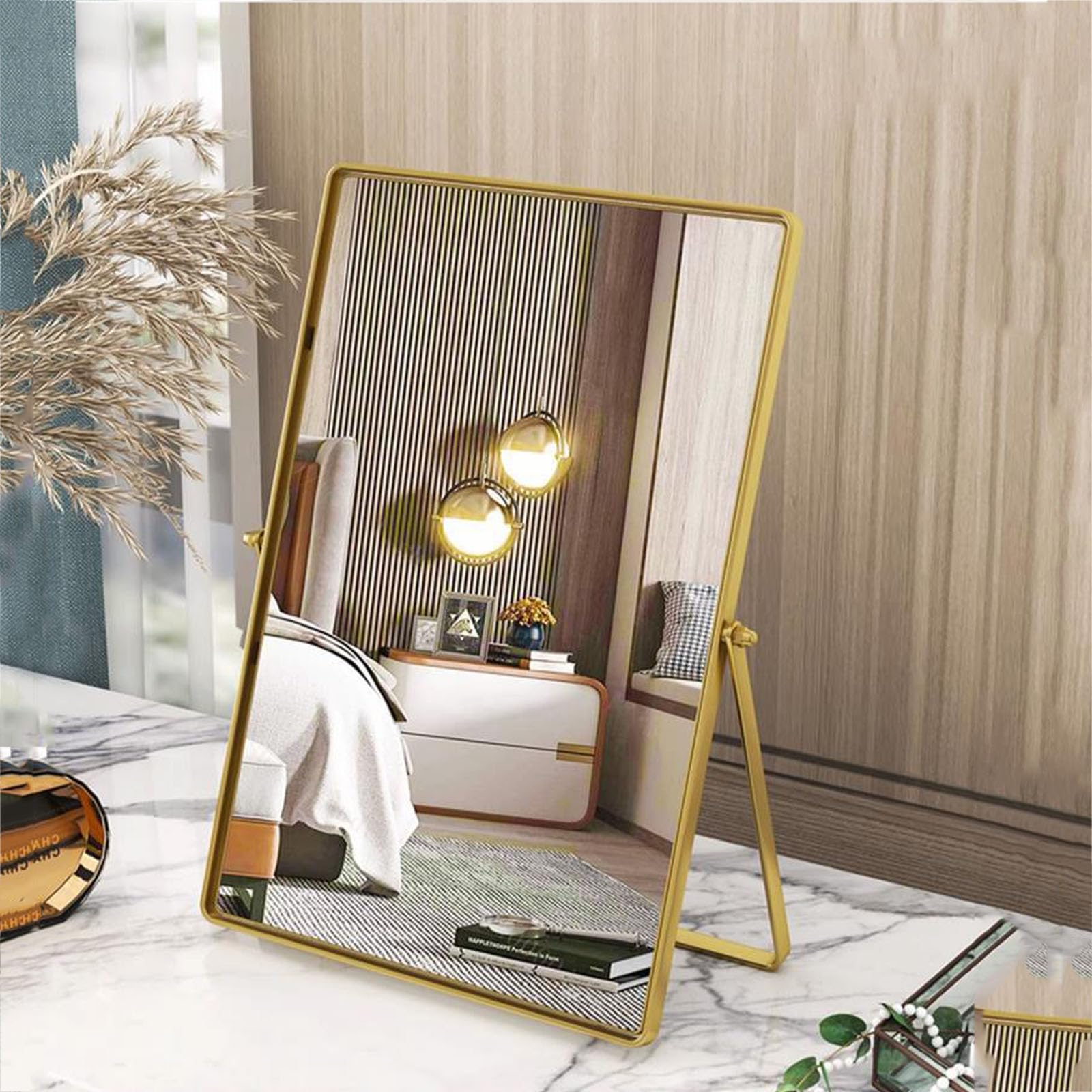 Numjeg Desktop Vanity Makeup Mirror Portable Standing Mirror with Metal Stand 90Adjustable Rectangular Desk Table Mirrors Good f
