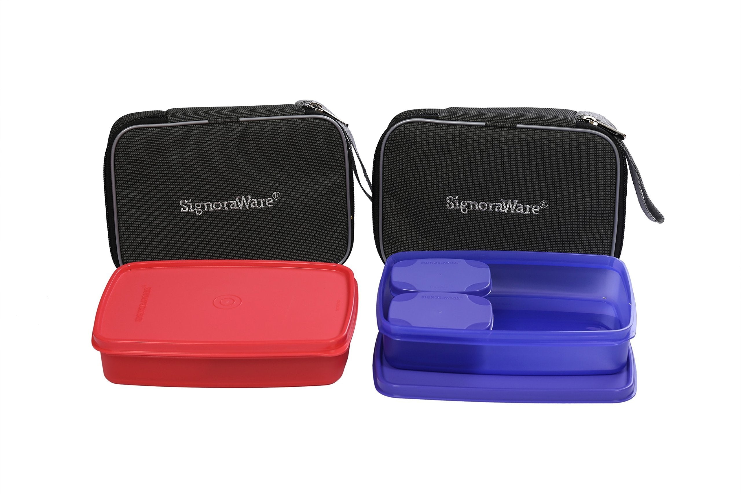 Signoraware Plastic Compact Lunch Box With Bag Set, 1.05 Litres, Multicolour, Set Of 2