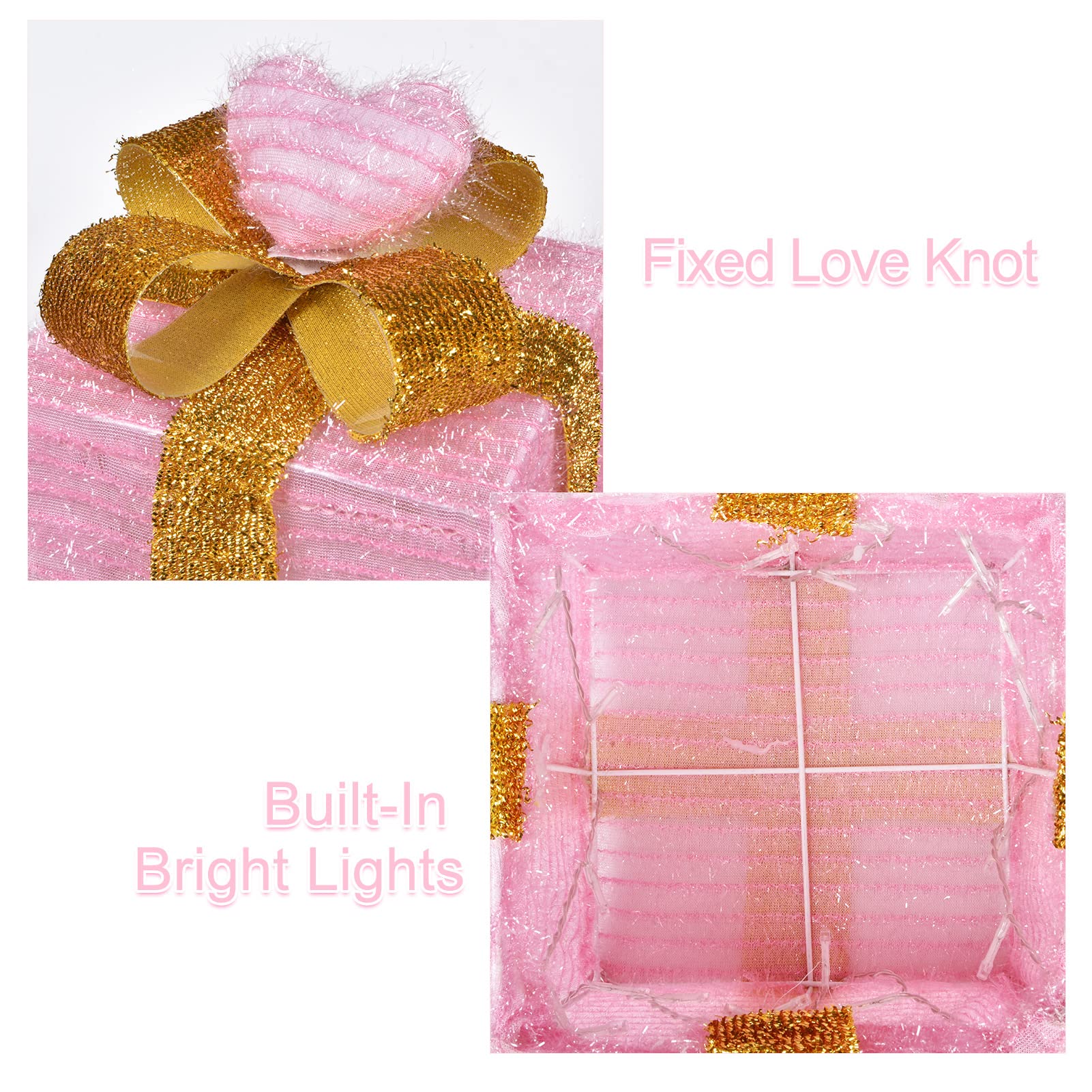 Tngan Pink Lighted Gift Boxes, Christmas Decorations for Indoor Outdoor, Room Decor for Bedroom, 60 LED Light Up Pink Gifts Batt