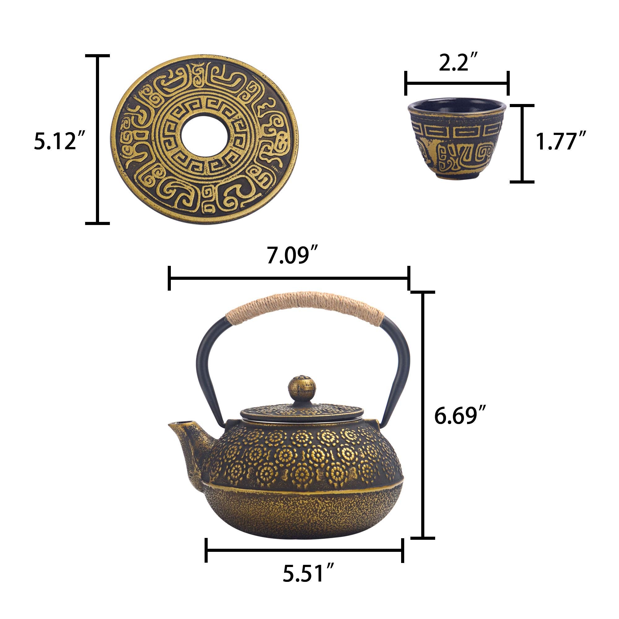 6 Piece Set Gold Japanese Cast Iron Teapot(30 Oz /900 Ml) With 4 Tea Cups (2 Oz Each), Leaf Tea Infuser And Trivet