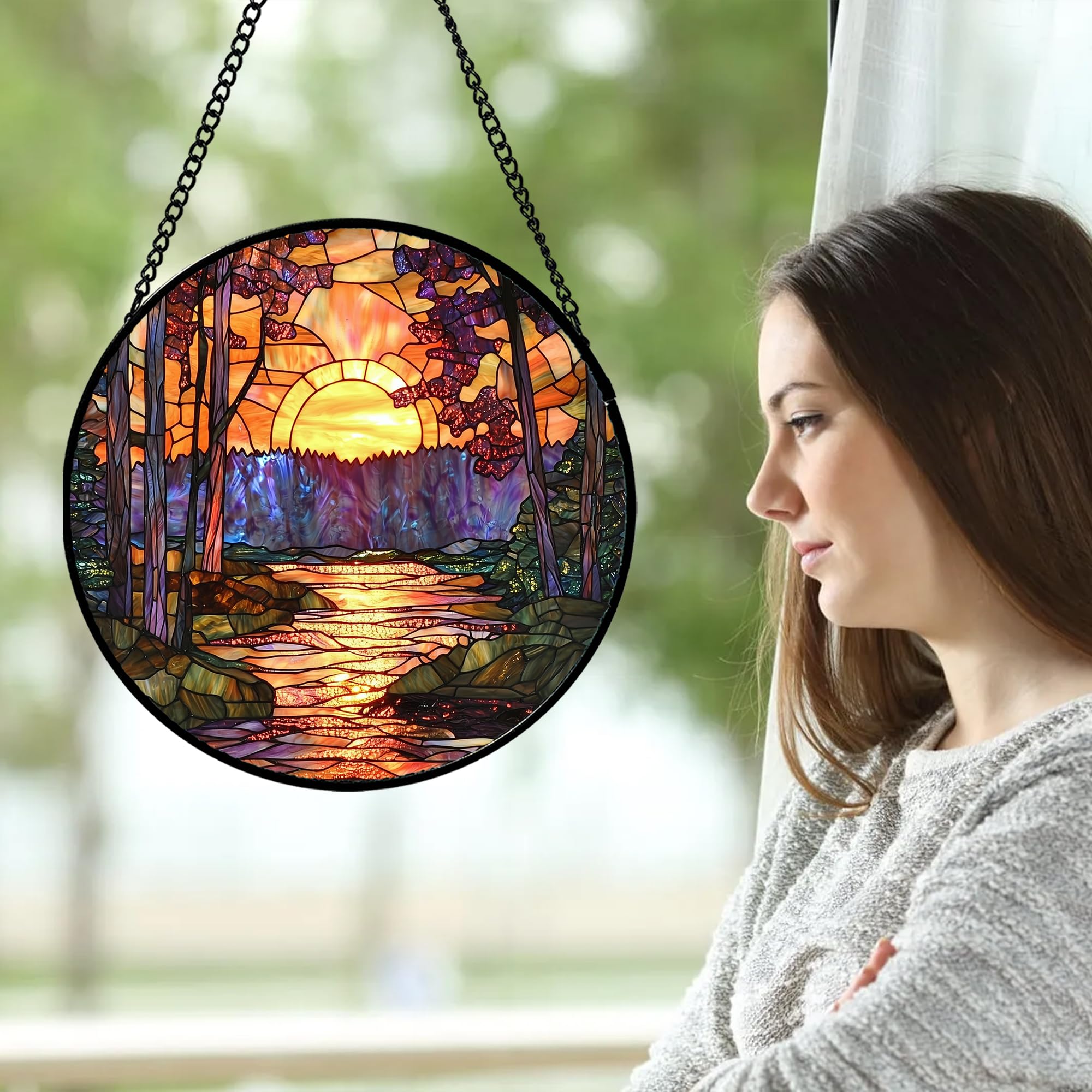 JOSUMALY Stained Glass Window Hanging, Orange Landscape Green Purple Lake Forest Suncatcher for Doors Window Home Sun Catchers D