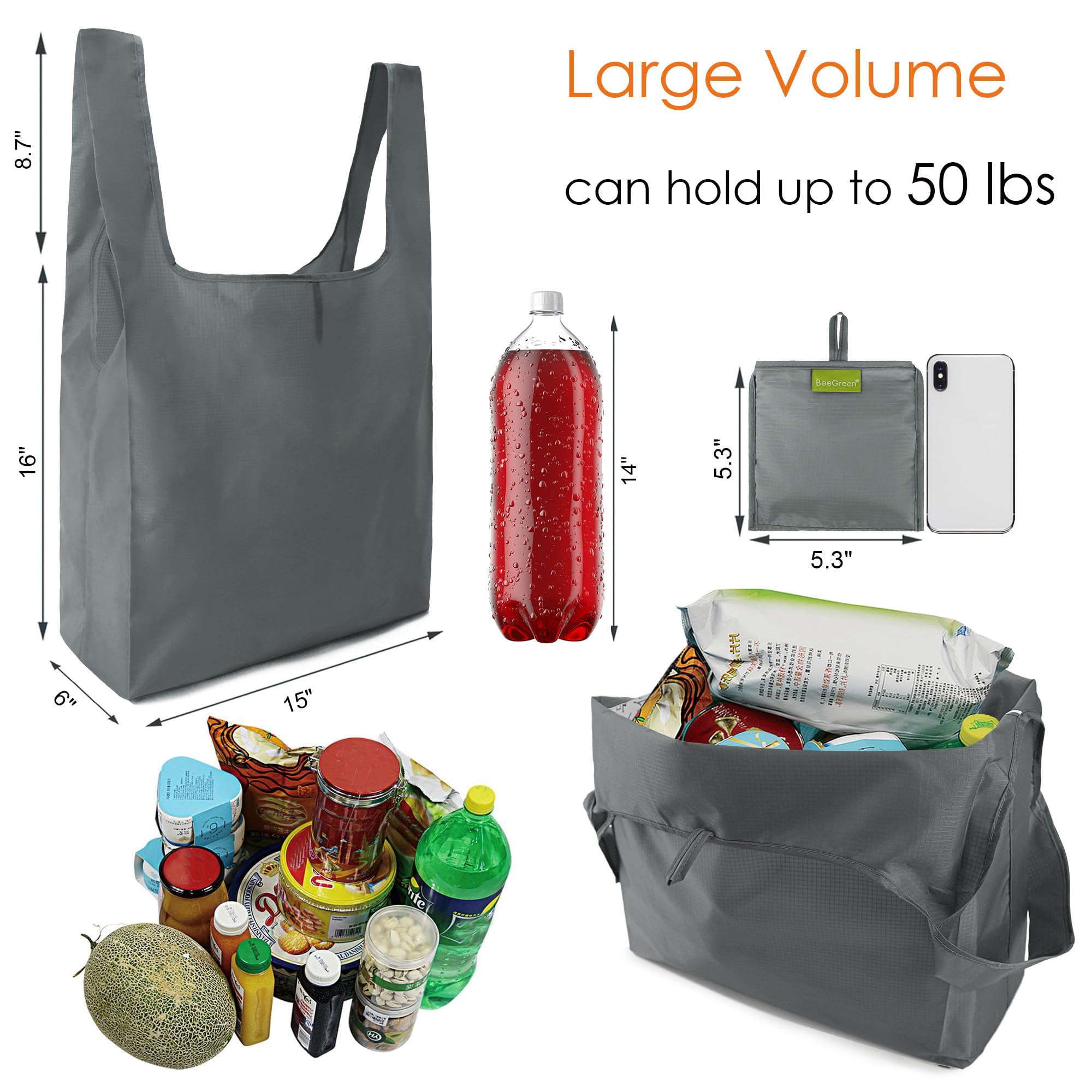 BeeGreen Grey Reusable Shopping Bags Wholesale Gray Reusable Grocery Bags Bulk Foldable-Machine Washable with Zipper Storage Pou