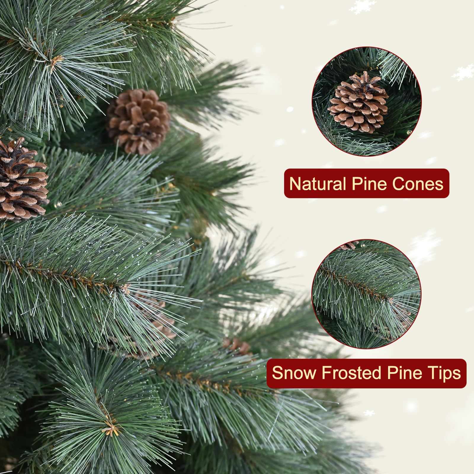 Blusxwish 8ft Snow Tips Christmas Tree with Pine Cones, Pre-Decorated & Easy Setup Unlit Hinged Artificial Xmas Tree for Indoor