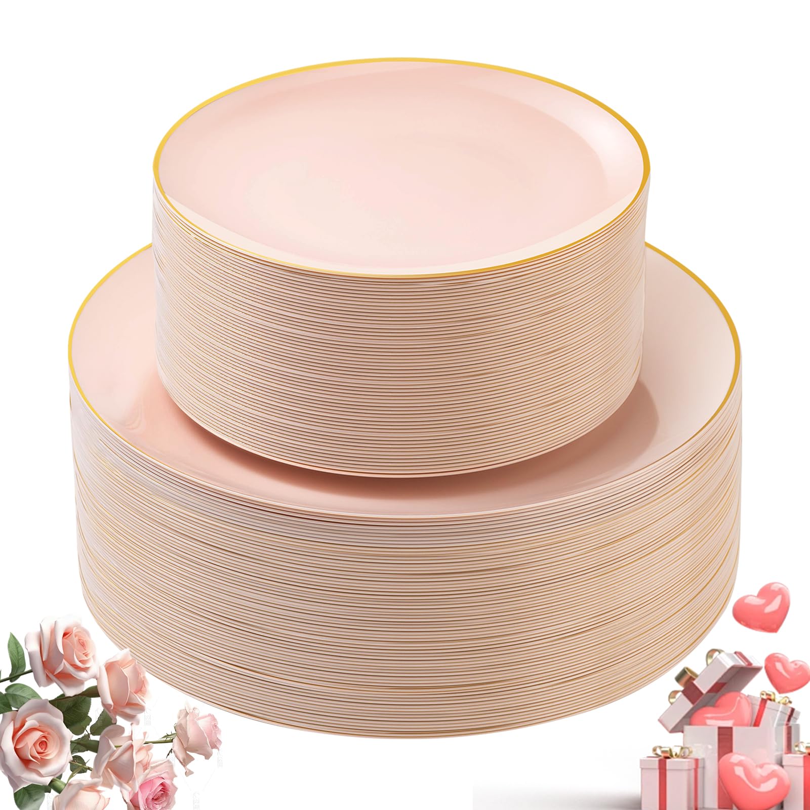 Bestluck 100Pcs Pink Gold Plastic Plates, Pink Disposable Plates For 50 Guests, Pink Pastic Plates Include 50 Dinner Plates, 50