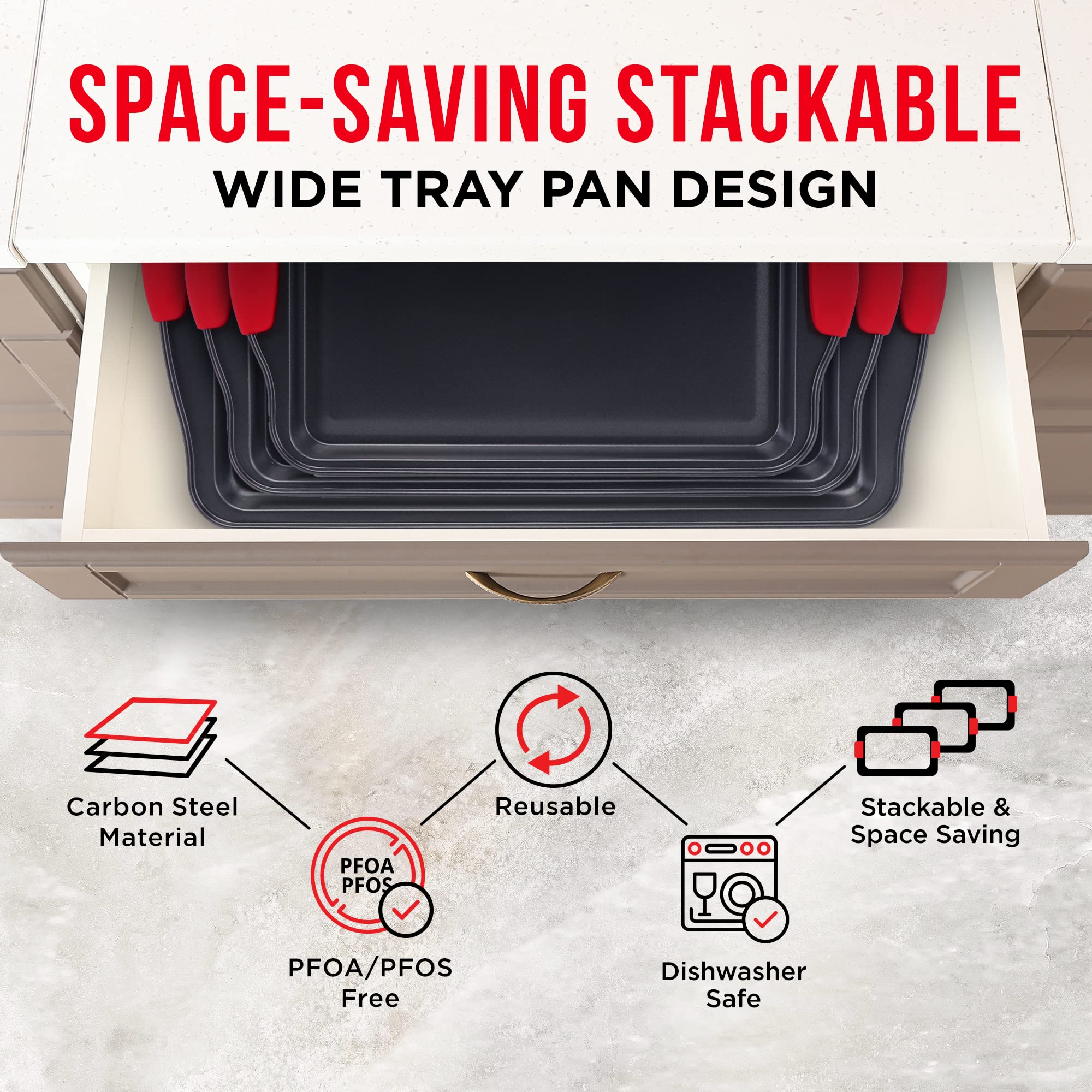 Bakken Cookie Sheets For Baking Nonstick Set - 3-Piece Stackable Carbon Steel Baking Sheet Pans Set With Silicone Handles, Non T