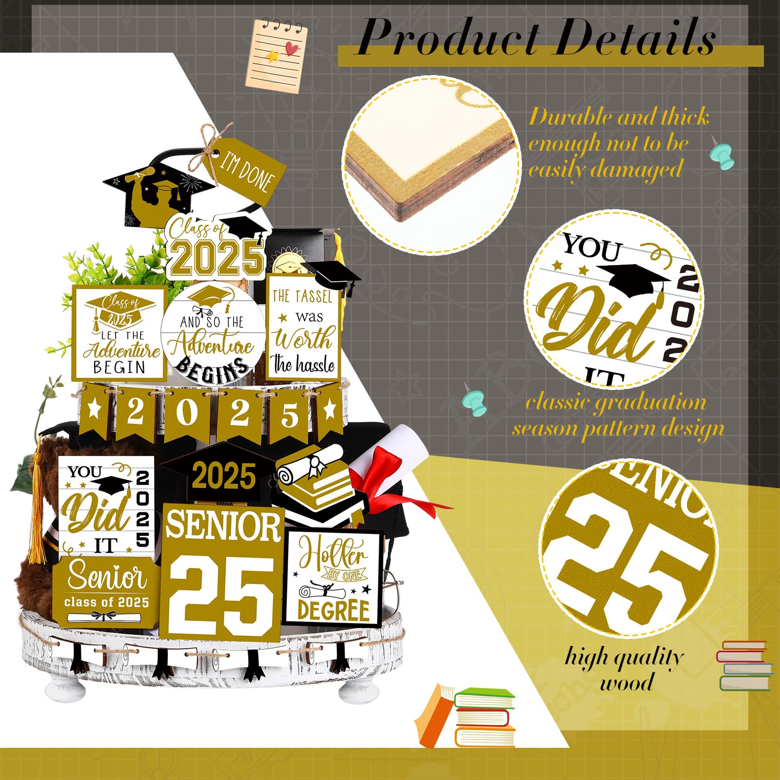 22 Pcs 2025 Graduation Tiered Tray Signs Sets Farmhouse Wooden Class of 2025 Graduation Signs for Home Party Tiered Tray Table O