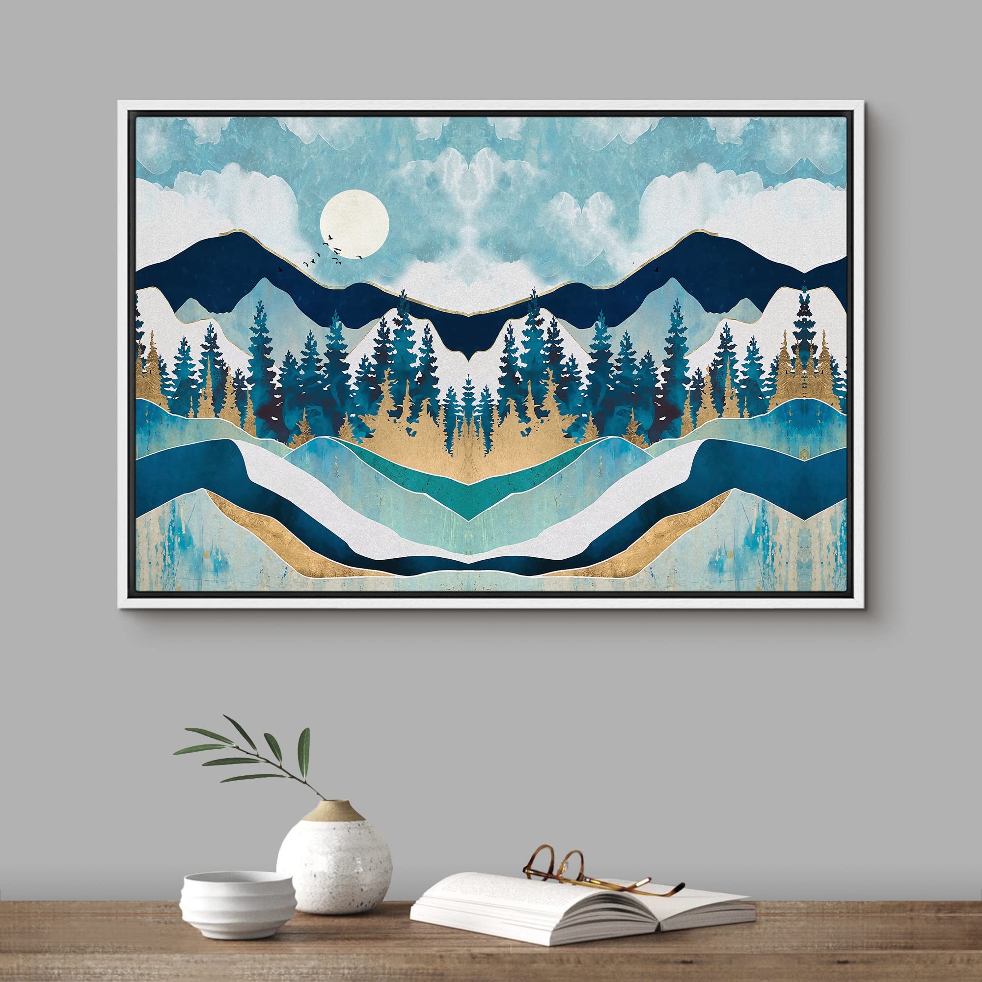 Signford Framed Canvas Print Wall Art Woodland Nursery Decor Symmetrical Teal & Blue Forest & Mountains Abstract Wilderness Mode
