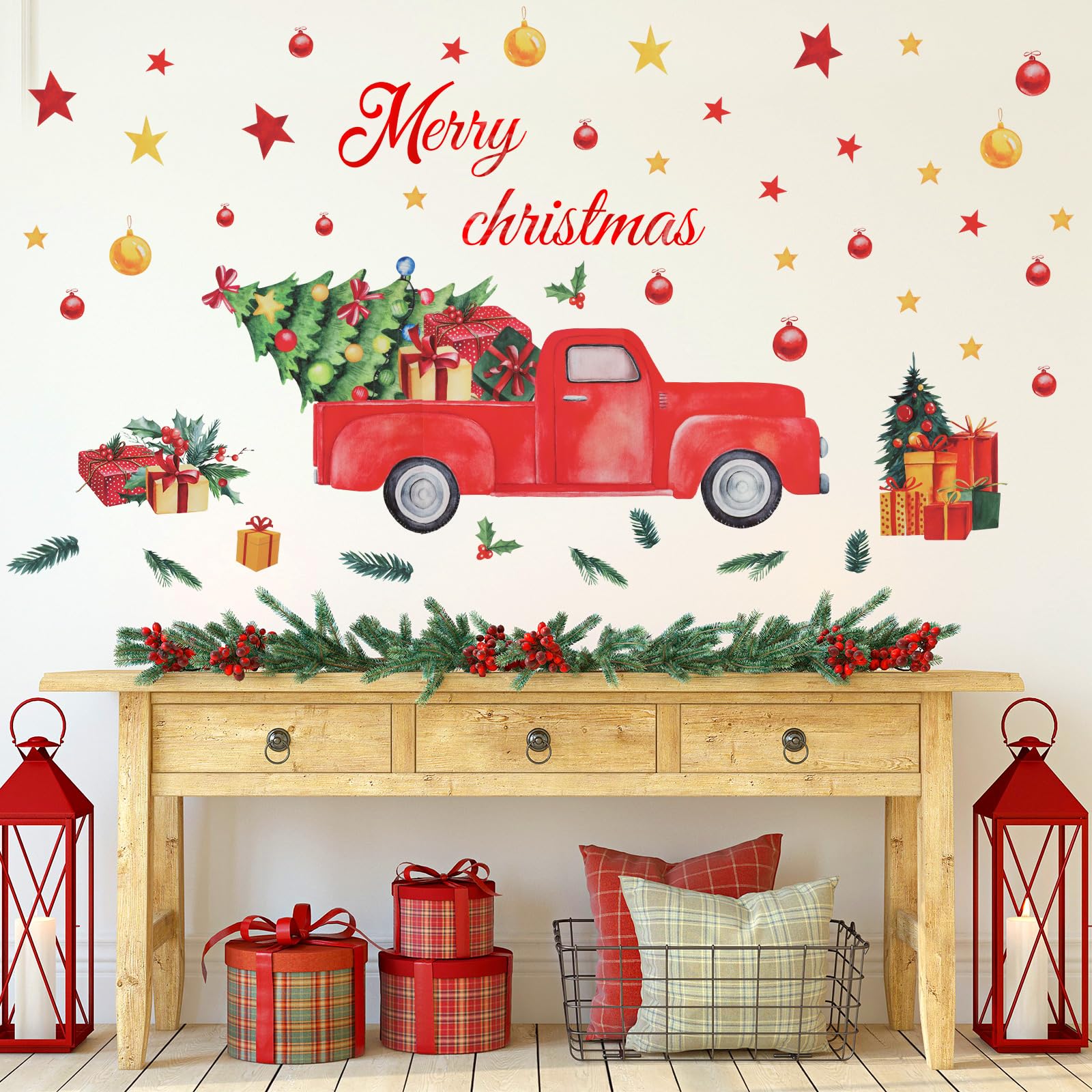 Glenmal 40 Pcs Merry Christmas Wall Decals Christmas Truck Wall Stickers Farmhouse Red Truck with Christmas Trees Wall Decals fo