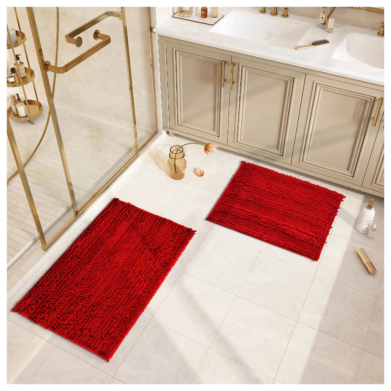 Civkor Red Bathroom Rugs Bath Mat Rug Set 2 Piece Butter Chenille  Shiny Noodle Bathroom Mats 31x20 and 24x16 Inch with Non Slip Backing  Super Water Absorbent  Machine Washable